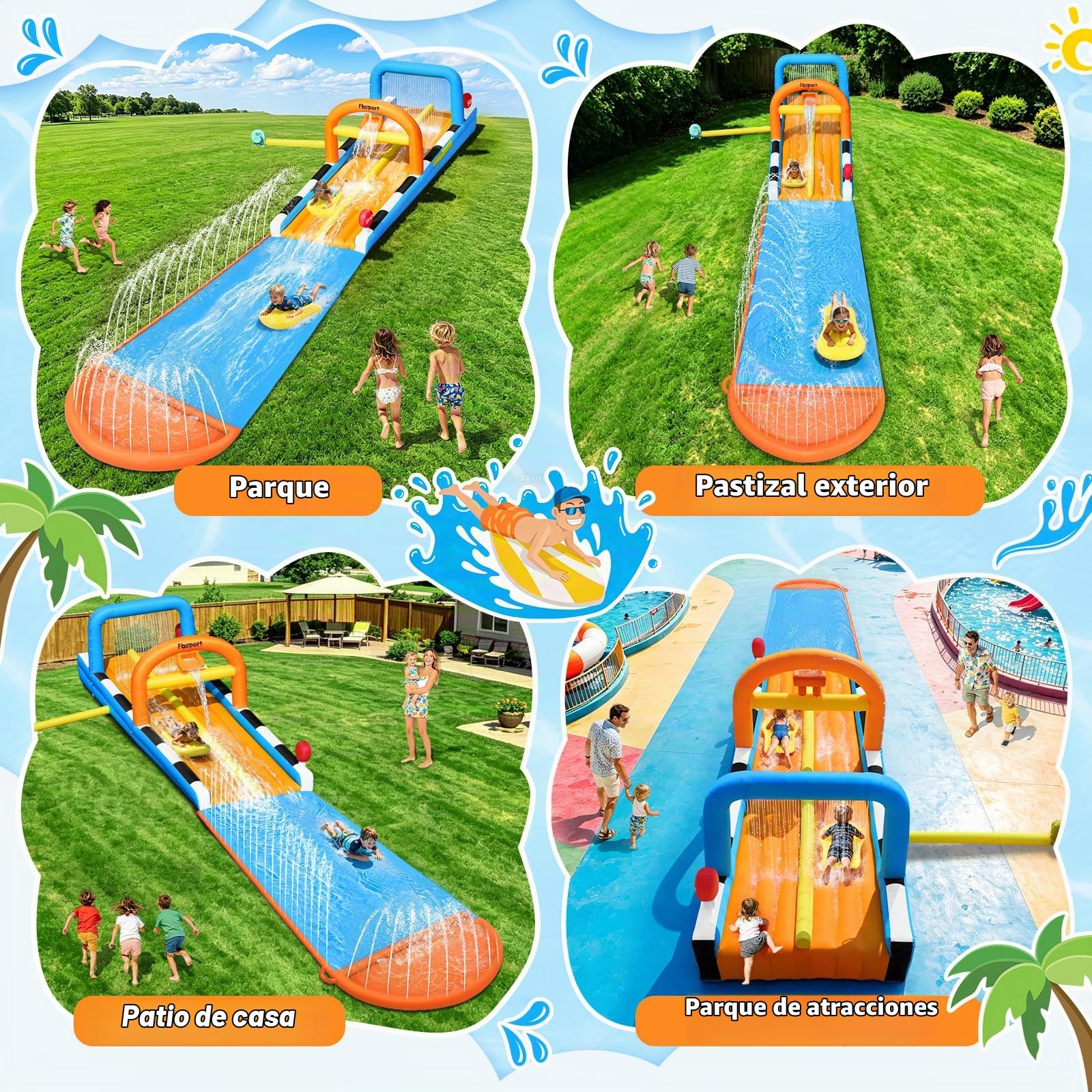 FBSPORT 10M Castillo Hinchable para Niños, Tobogán Acuático de 2 Carriles, Parque Acuático Hinchable para Jardín con Aspersores y 2 Tablas, Juguete de Verano Infantil