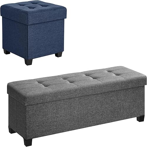 SONGMICS Paquete otomano de almacenamiento de 43.3 pulgadas y otomana de almacenamiento de cubo de 15 pulgadas, banco de dormitorio con
