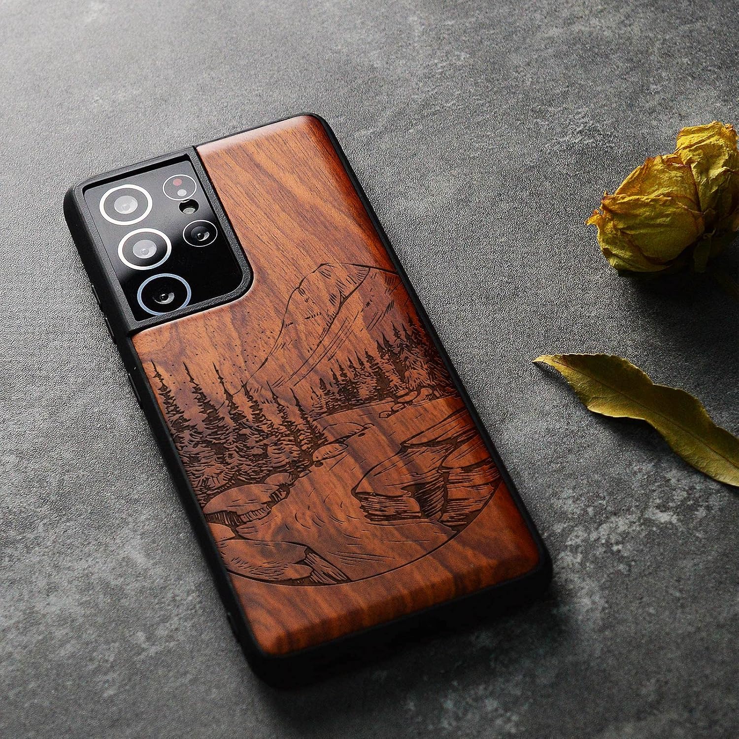 Carveit Wood Case for Galaxy S21 Ultra Case [Natural Wood & Black Soft TPU] Shockproof Hybrid Protective Unique Wooden Cover Compatible with Samsung S21 Ultra 5G (Natural Landscape-Rosy)