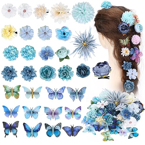 Miniatura 1 de KorViSHOW Juego de 32 clips de flores con clip de mariposa, accesorios para el cabello floral para desmalezar horquilla de mariposa, pasadores de