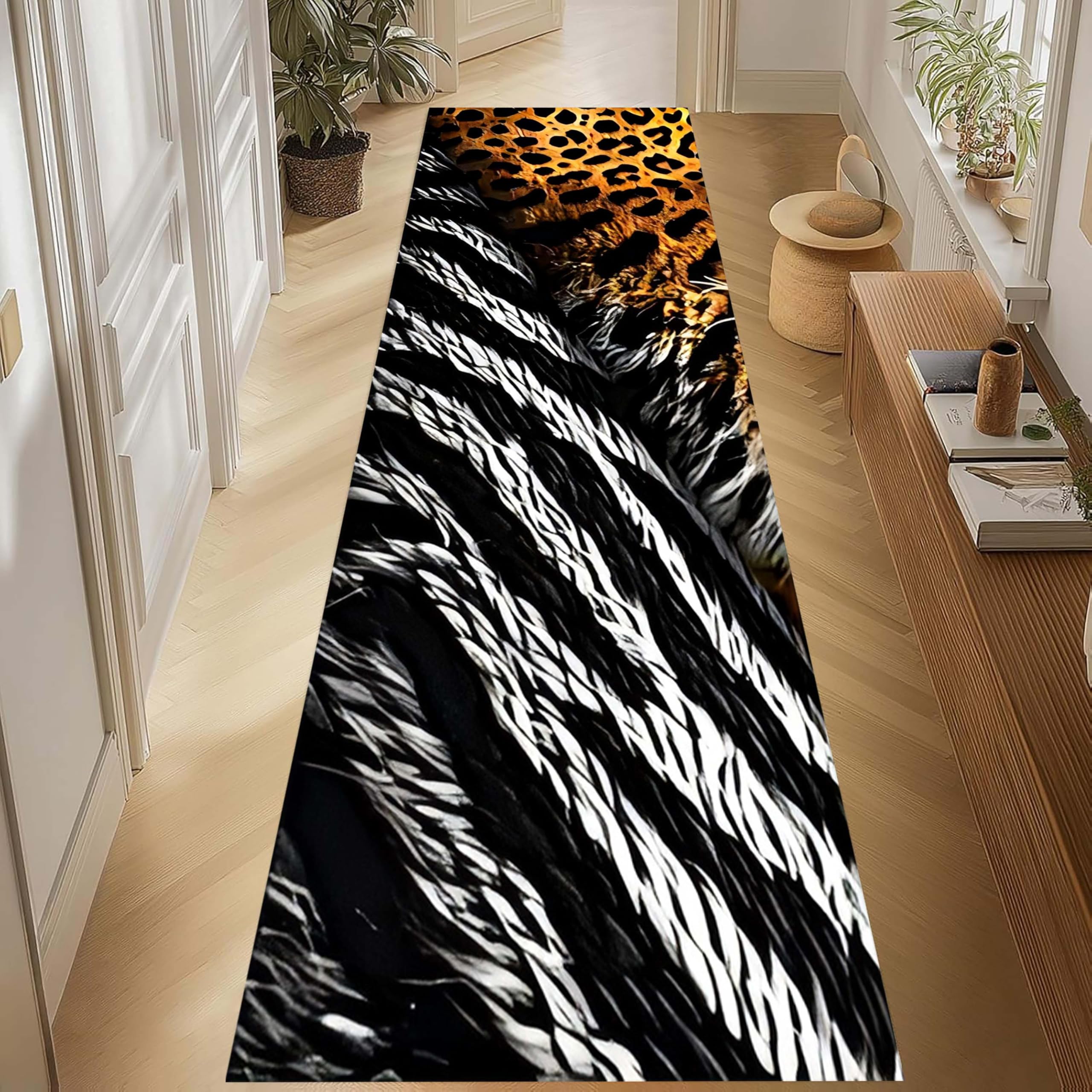 Kuluoits Tiger Print Area Rug,60x180cm, Animal Texture Black and White Tiger Yellow Leopard Print Abstract Carpet, Cool Cheetah Runner Rugs, Soft Machine Washable Hallway Rugs for Playroom Study Room