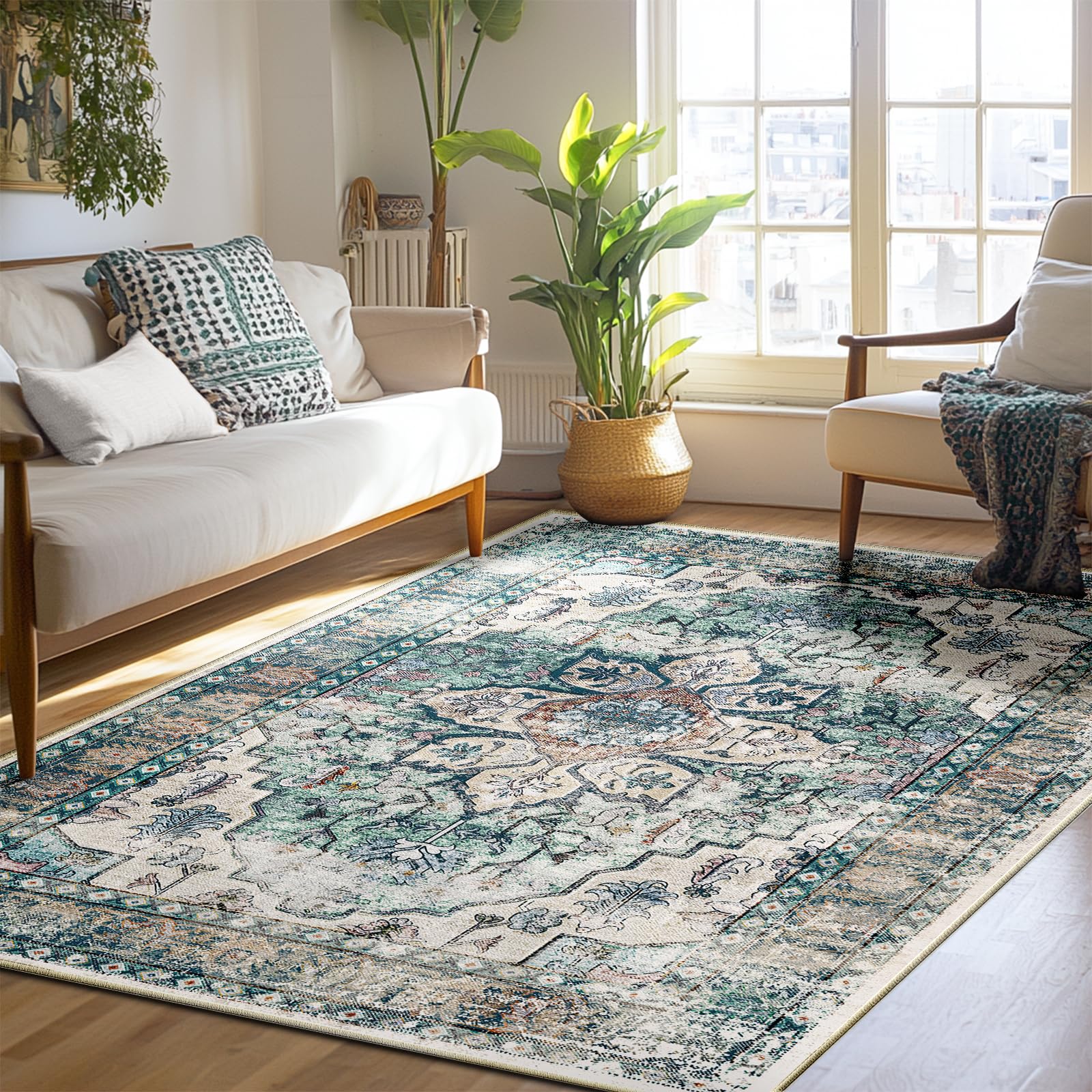 BESTSWEETIE 5x7 Area Rug Washable Rugs for Living Room, No Pile Boho Carpet for Entryway Bedroom Dinning Room, Vintage Carpet Print Distressed