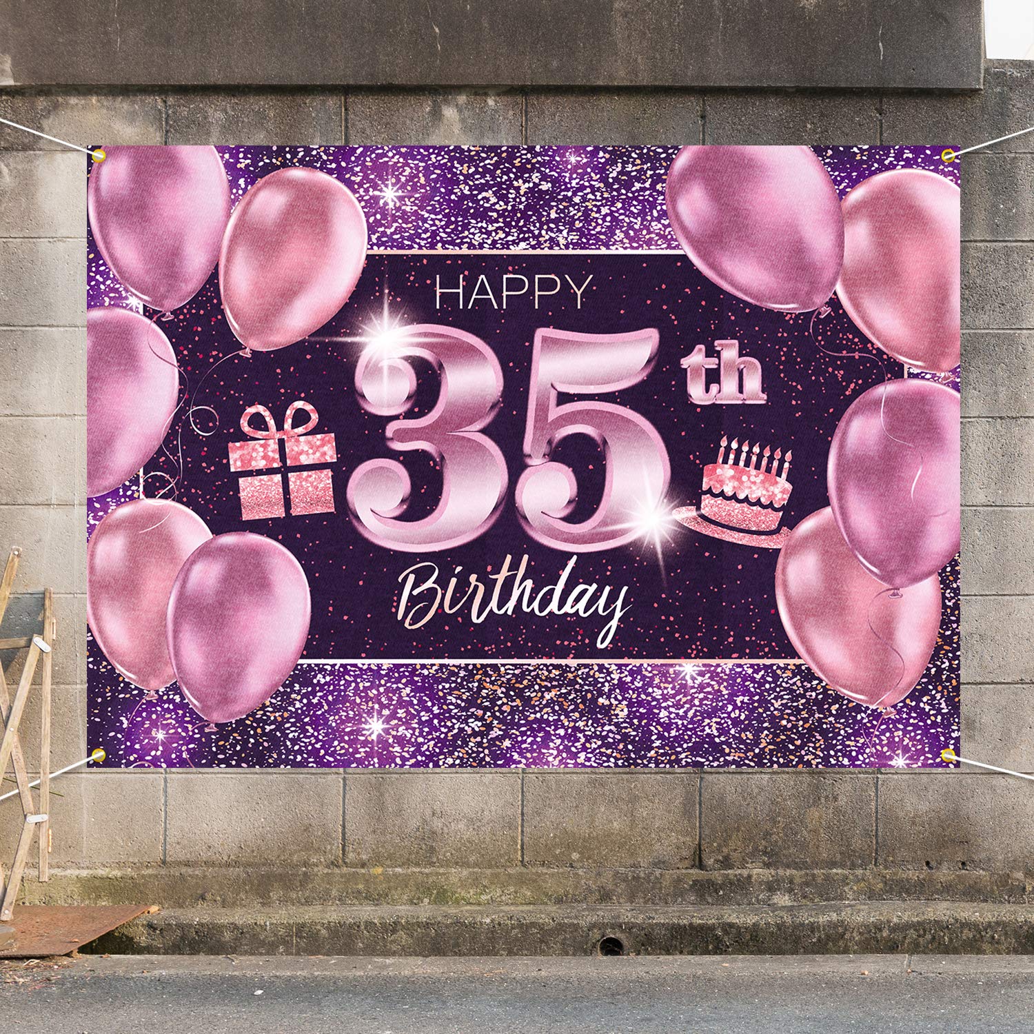 PAKBOOM Baner 'Happy 35th Birthday' tło - 35 urodziny dekoracje na przyjęcie dla kobiet - różowe fioletowe złoto 1,2 x 1,8 m