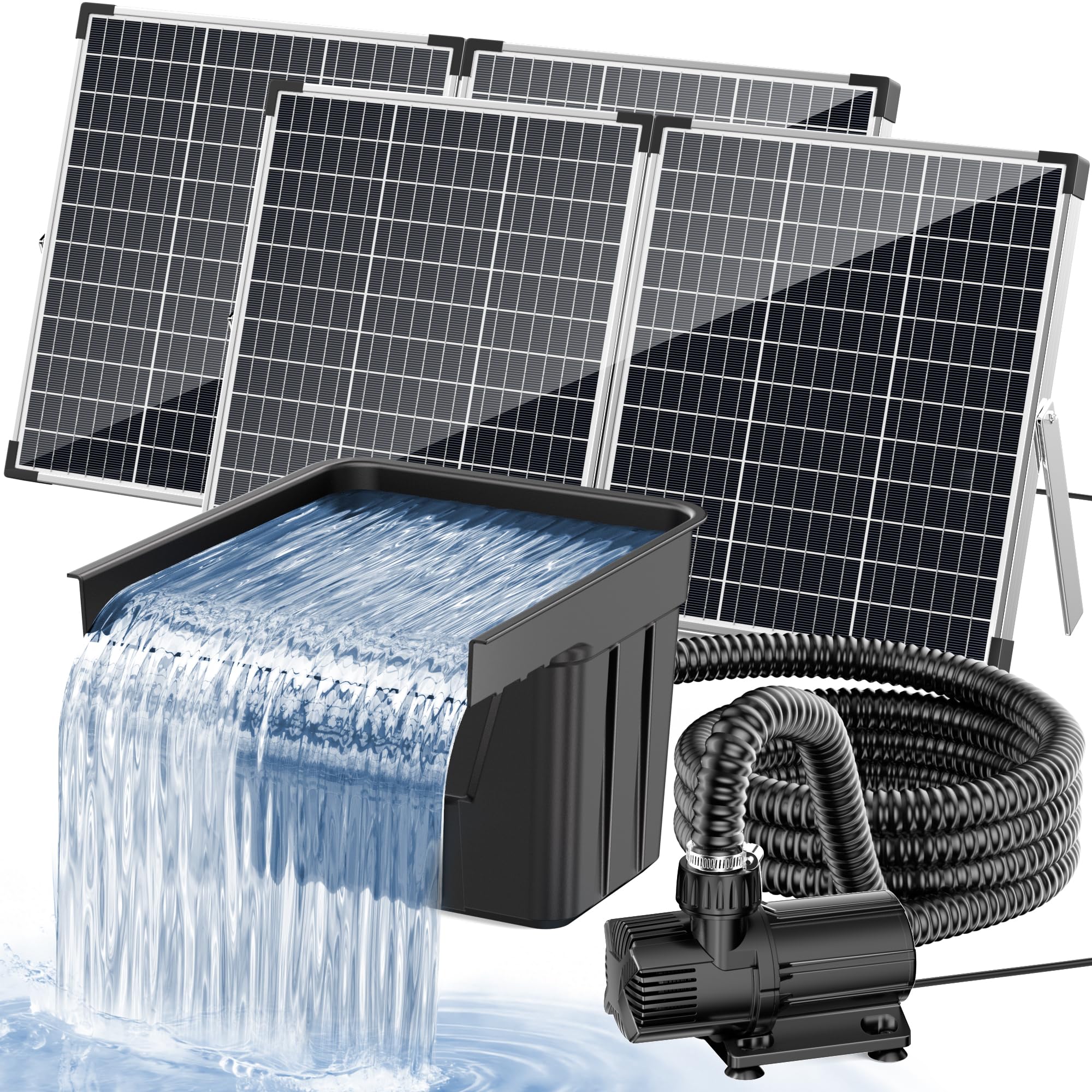 POPOSOAP Cascade d’étang solaire avec panneau solaire 120W & pompe 6000 L/h, tuyau ondulé 3m, média filtrants, cascade pour étang de jardin extérieur, ruisseaux