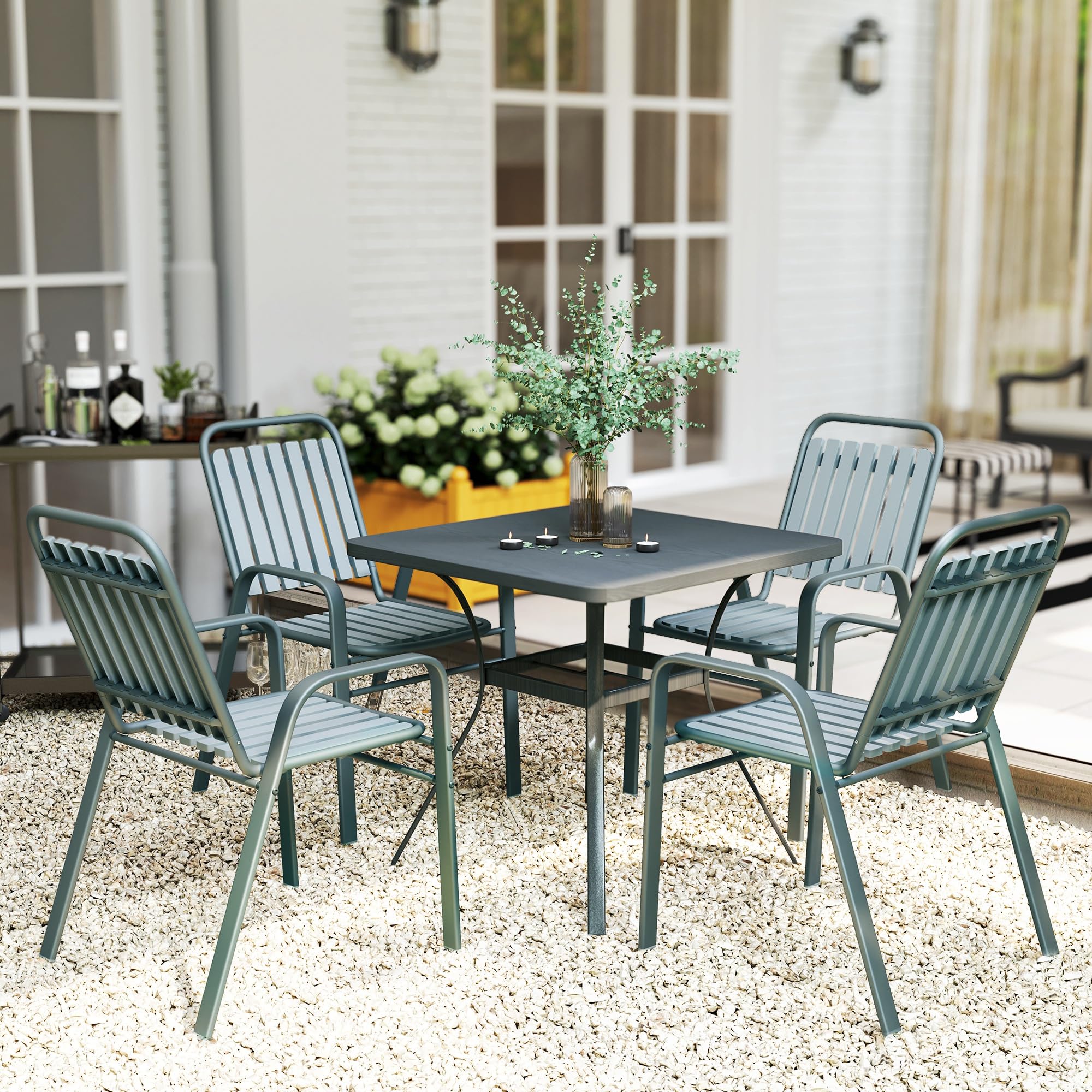 Outsunny Lot de 4 chaises de Jardin chaises empilables d'extérieur avec Haut Dossier et accoudoirs, Cadre en Acier pour Jardin, Piscine, terrasse, Gris