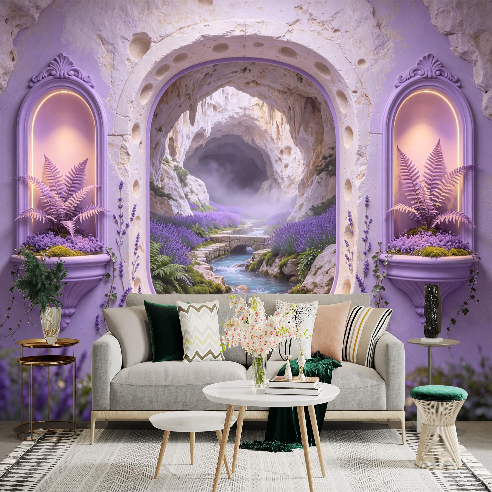Custom Size Wall Sticker Mural， Lavender Cave with River， Bridge and Purple Flowers， for wall Decoration， peelandstick wall Decals.