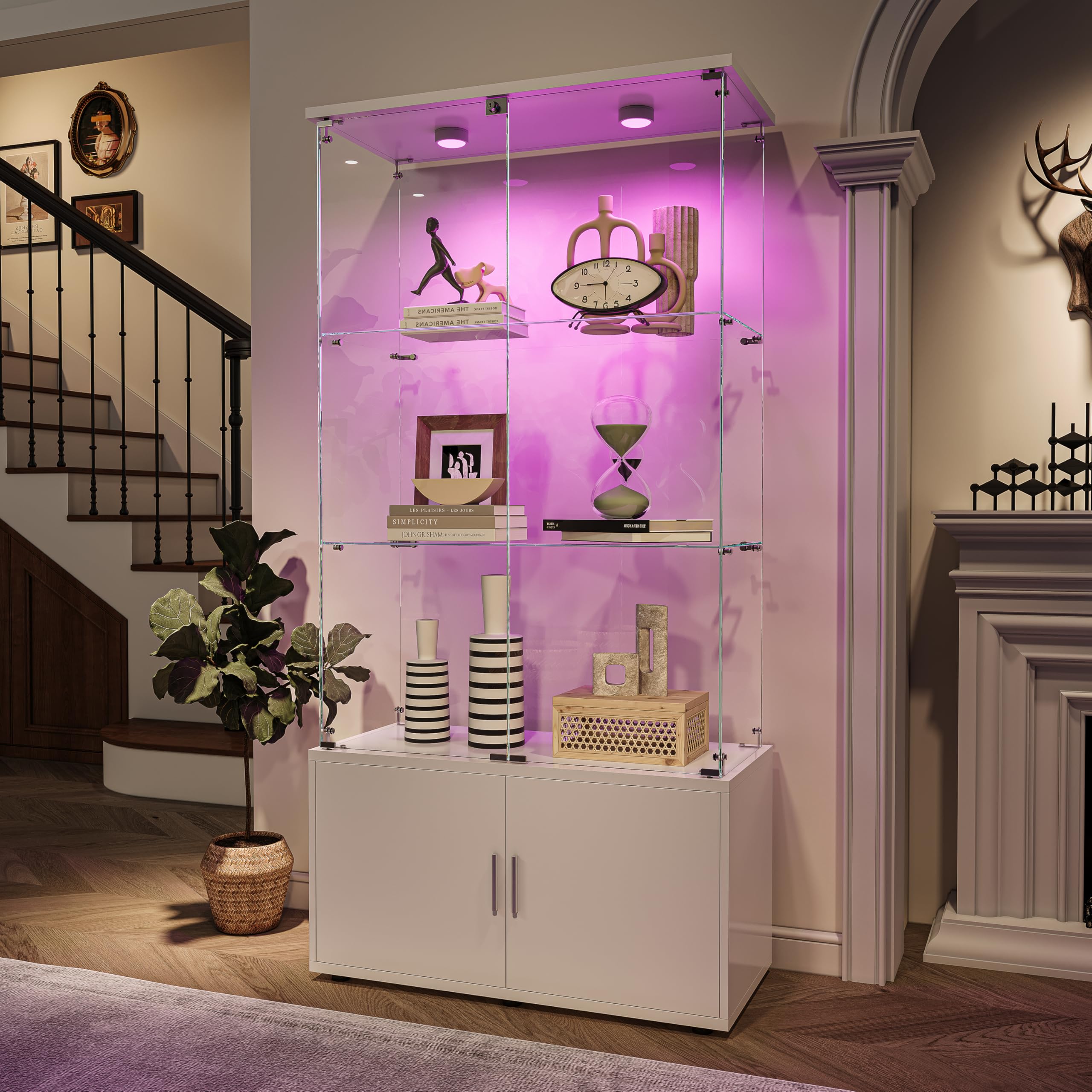 Ravas Vitrine Glas, 164cm Hoch Vitrinenschrank, Glasvitrine Stehend, LED Tippen-Licht, Schlüsselschloss, mit 4 Türen 3 Einlegeböden transparent Unterschrank aus Holz, Sammlervitrine, Weiß