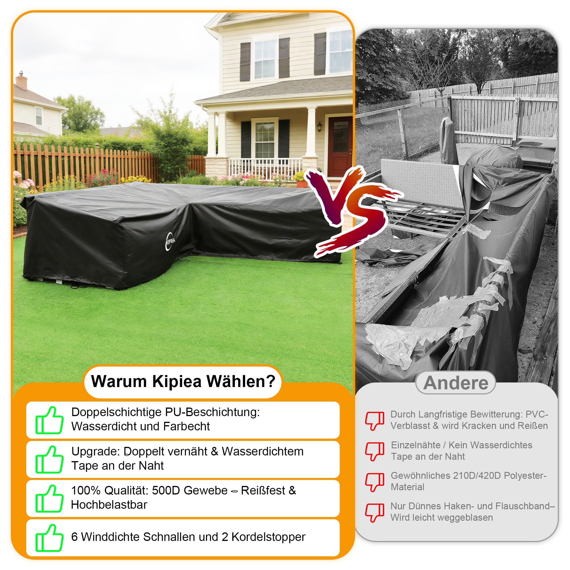 Kipiea Abdeckung Loungemöbel L-Form Wasserdicht, Abdeckung Gartenmöbel Winterfest, 500D Lounge Abdeckungen Winddicht, L-Form Abdeckplane Gartenmöbel Reißfest, Anti-UV (Linke Seite, 147x198x85x78cm)