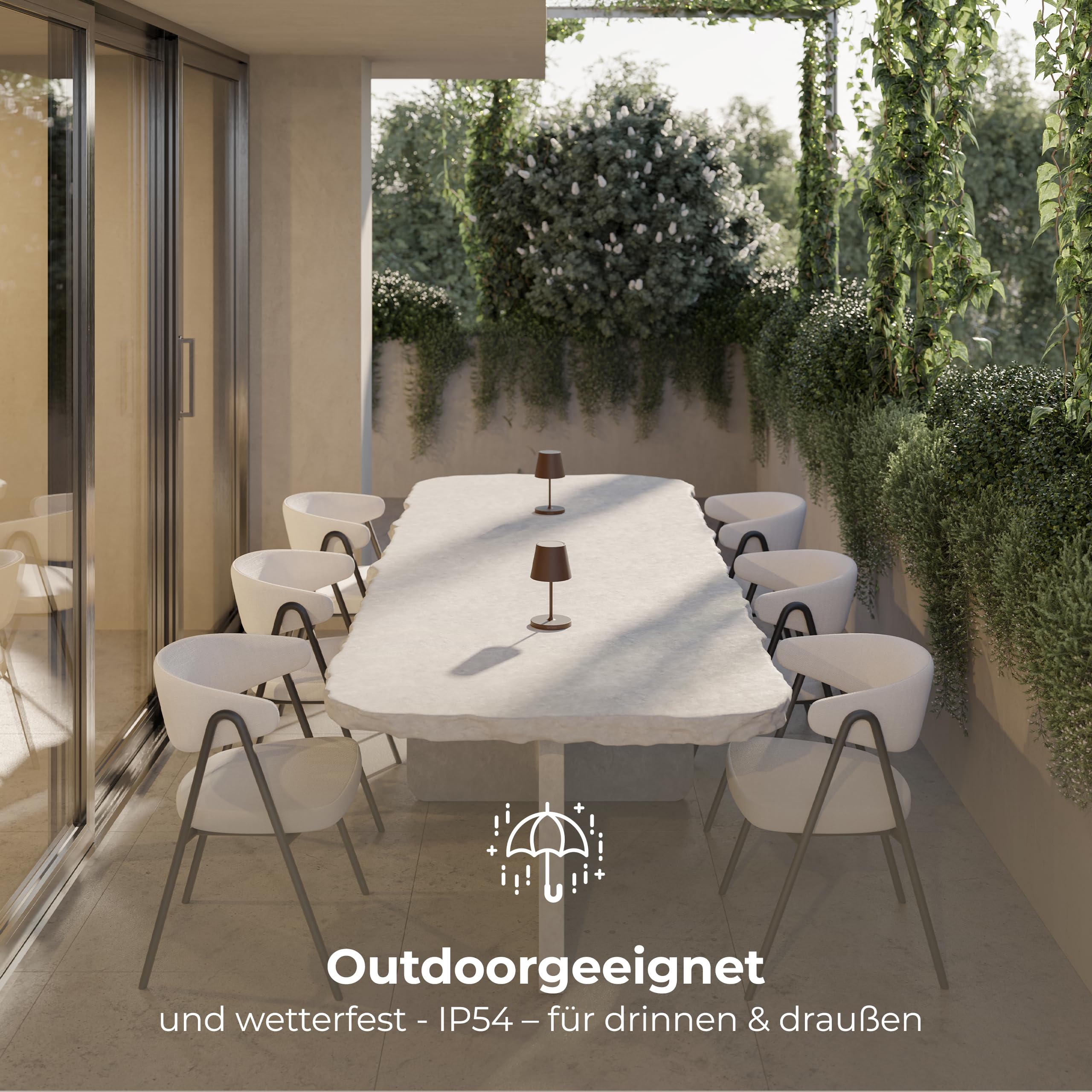NEONA AVA LED-Tischleuchte (kabellos, Akku + Ladestation) – Touch-Dimmung, IP54 wetterfest, Warmweiß 2700 K, 10 Std. Laufzeit – moderne Ambientebeleuchtung (Rostbraun)