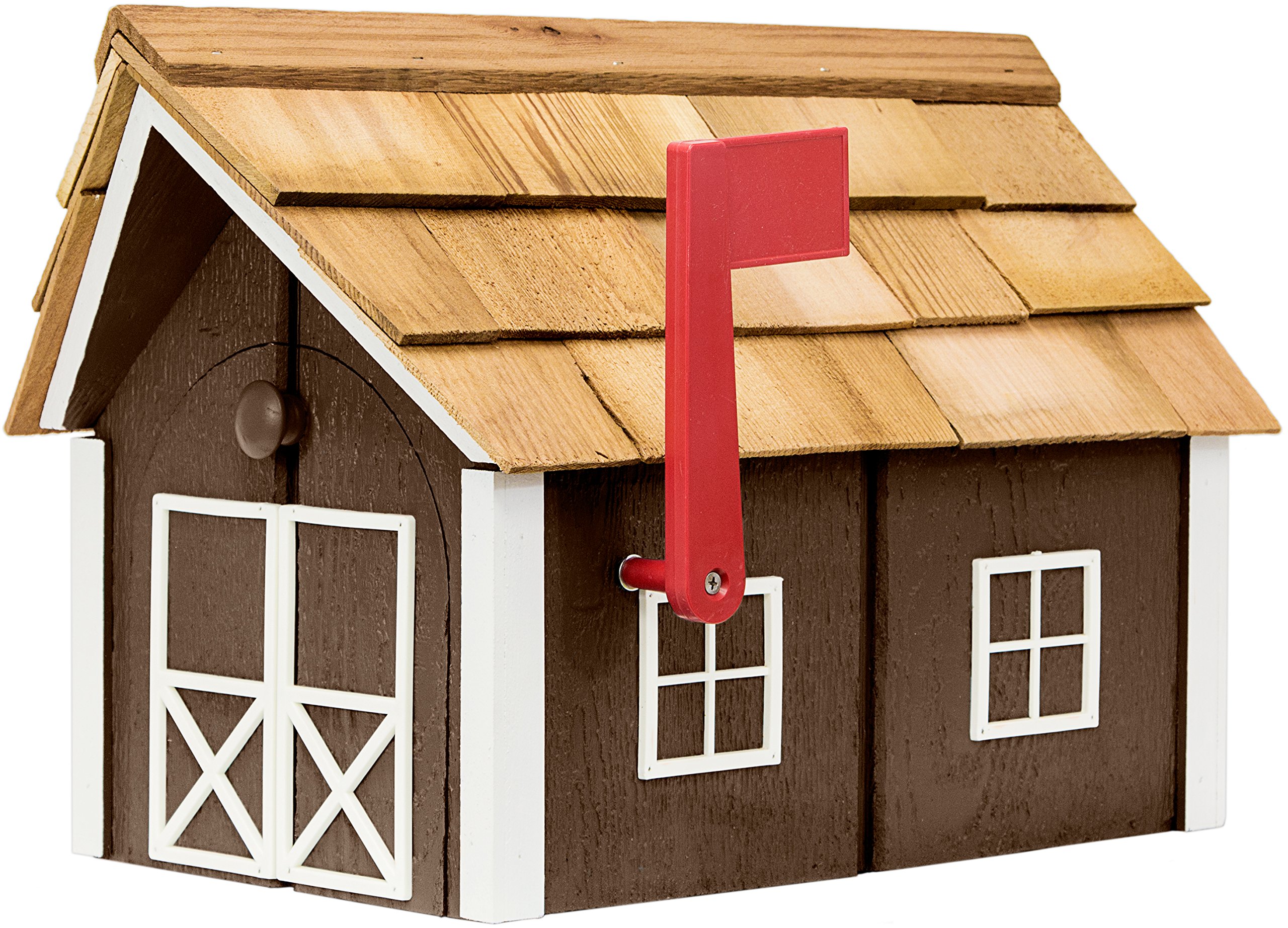 Amish-Made Deluxe Post Mount Wooden Mailbox with Cedar Shingles (Charcoal Brown with White Trim)
