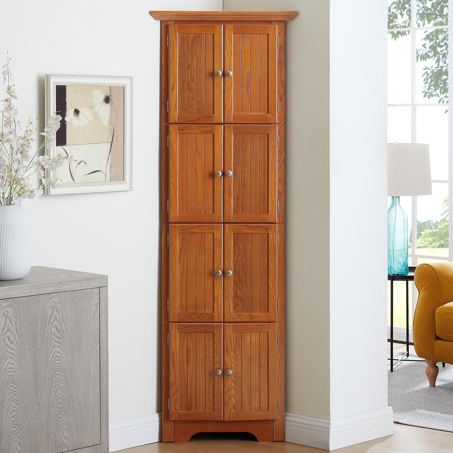72" Tall Corner Cabinet, 4-Tier Kitchen Pantry Storage Cabinet with 8 Doors and Adjustable Shelves, Home Farmhouse Bookshelf for Office Bathroom, Living Room, Oak