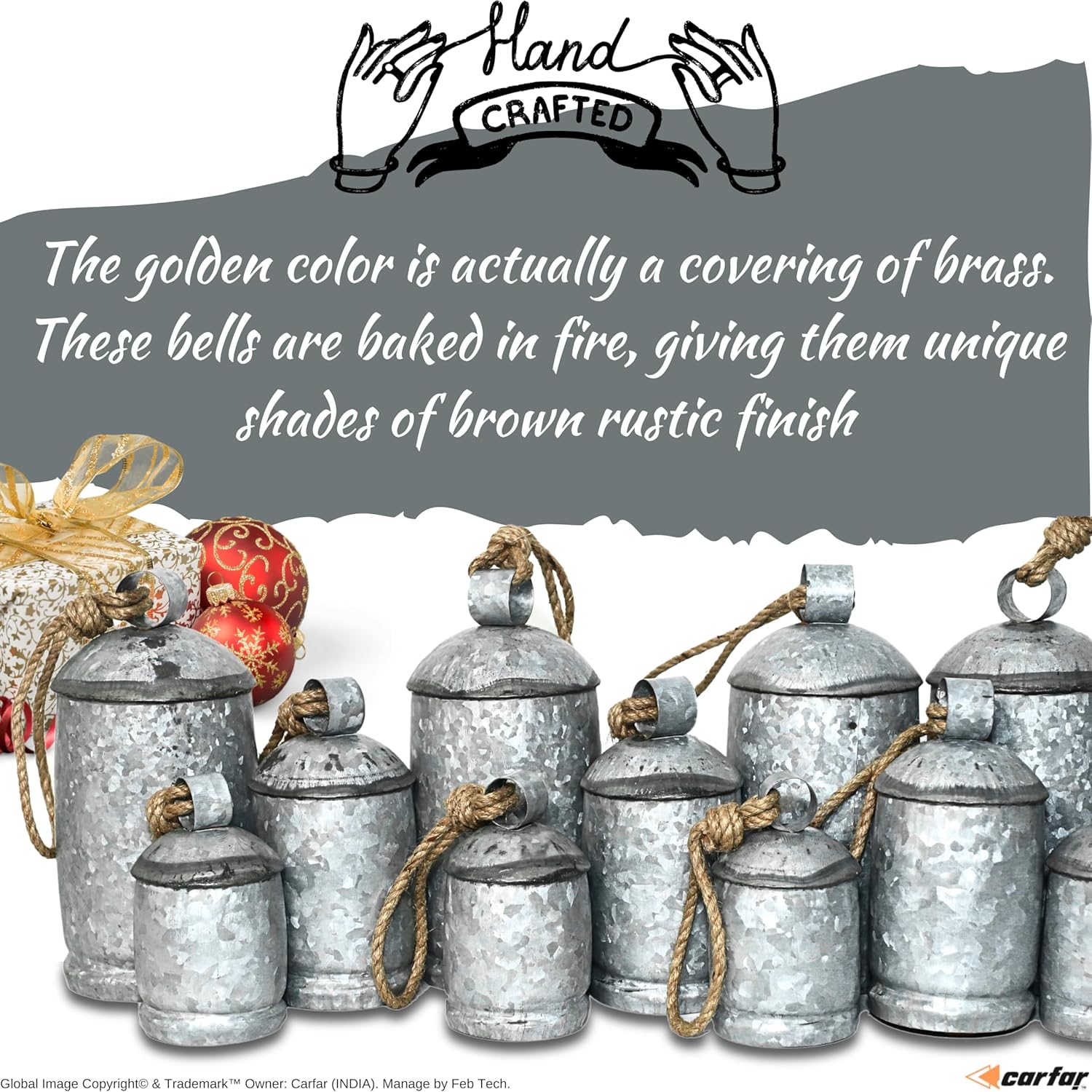 Shabby Chic Galvanised Vintage Style Handmade Christmas Jingle Harmony Cow Bells on Metal Hanging Rod Complete Set X-Large 45" 22" 8"