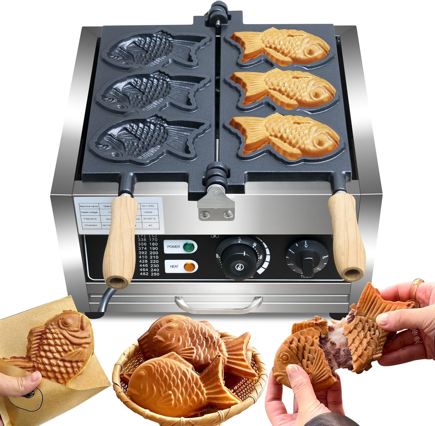 Taiyaki Fish Waffle Maker ?3pcs Non-stick Electric Cake Waffle Maker Taiyaki Baker Fish Shaped Waffle Cones,stainless steel, for Family, Restaurants, Snacks