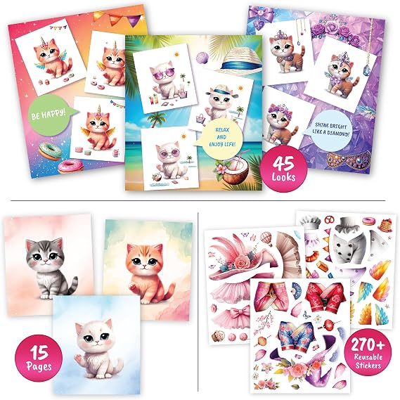 BSCOOL Cat Sticker Book for Kids Fashion Design Activity 270+ Stickers | Activity book screen-free fun for girls ages 5–8. Features kitten dress-up scenes — makes a great birthday gift