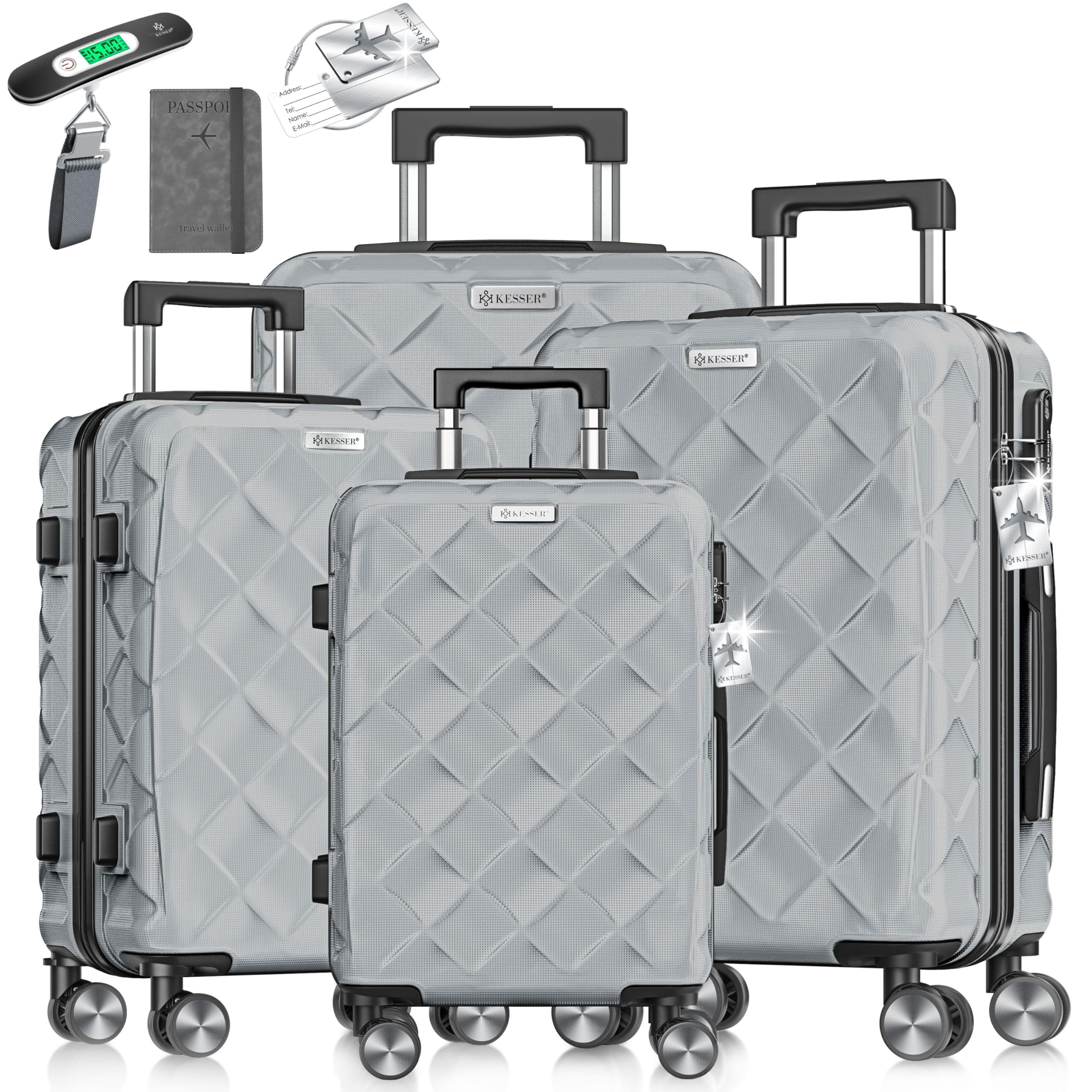 KESSER® Reisekoffer Set 4-teilig | Kofferset ABS Hartschalenkoffer mit Zahlenschloss, Kofferwaage & Reisebrieftasche 360° Rollen | Handgepäck & große Koffer für Business & Reise Trolley Iron Grey