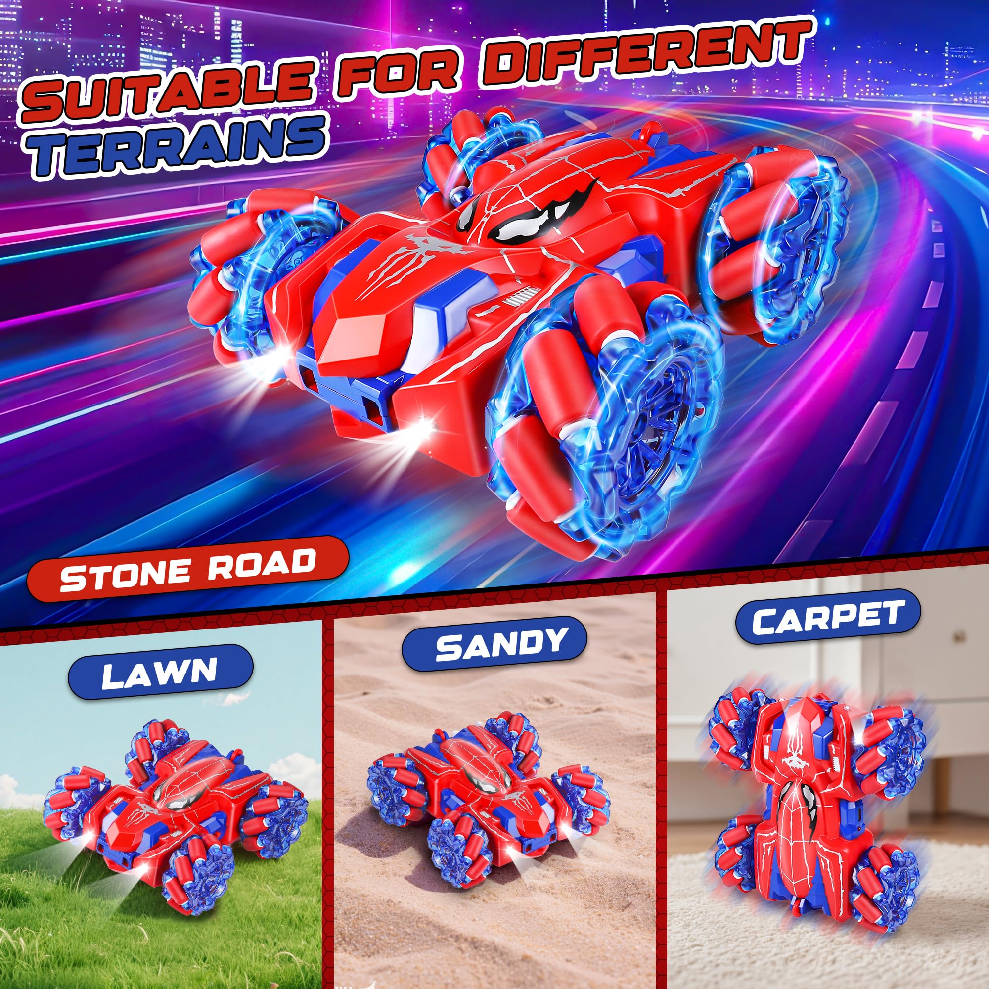 Spider Macchina Telecomandata - 2.4Ghz Salti mortali a 360° Doppio Lato Monster Truck per Ragazzi di 4 5 6 7 8 Anni, 4WD RC Auto Acrobatica con Luci Fredde, Compleanno Regali di Natale Giocattoli