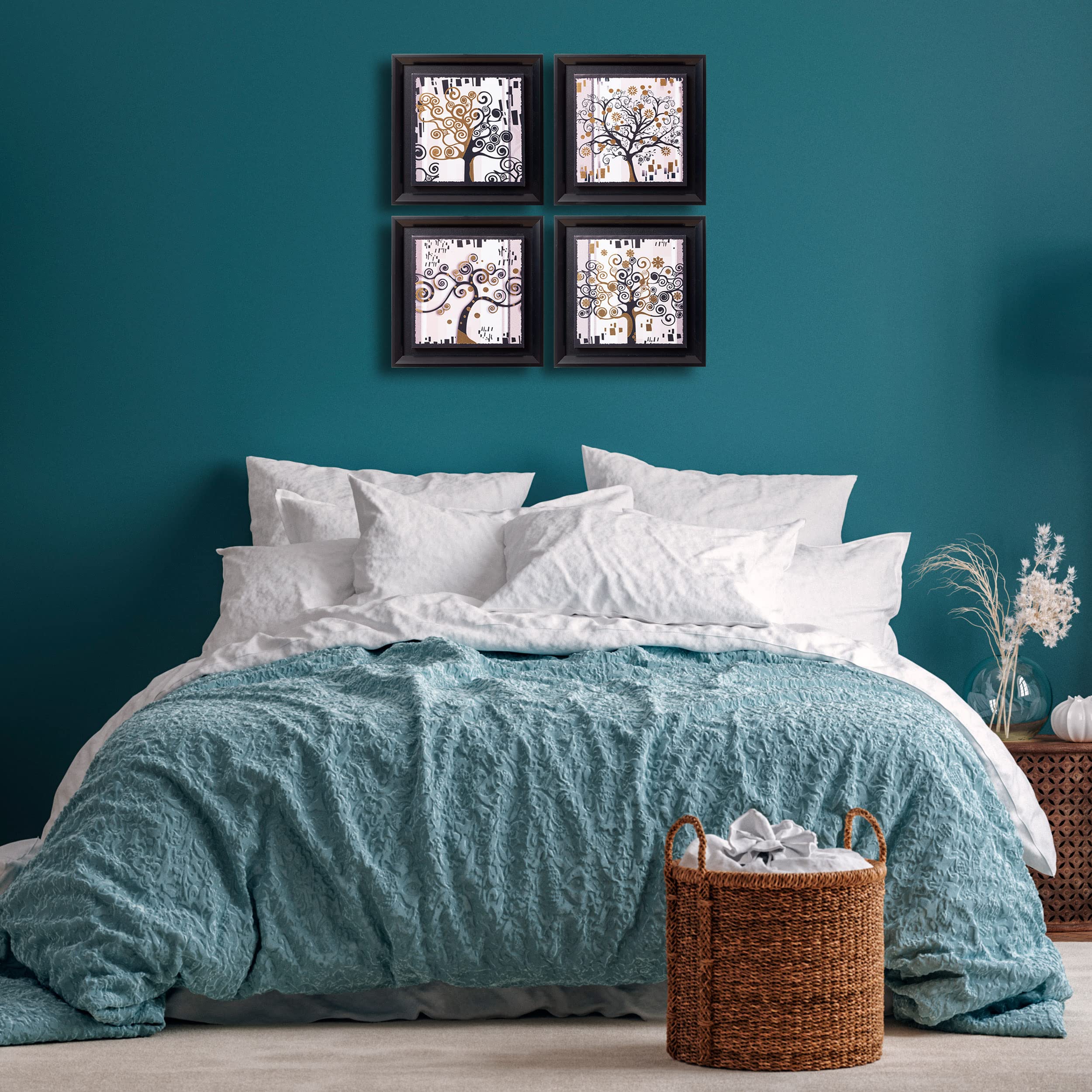 DekoArte - Quadri Moderni Soggiorno L'ALBERO DELLA VITA IN ORO NERO 30x30 cm x4 pezzi - Set di Quadri con Cornice Nero