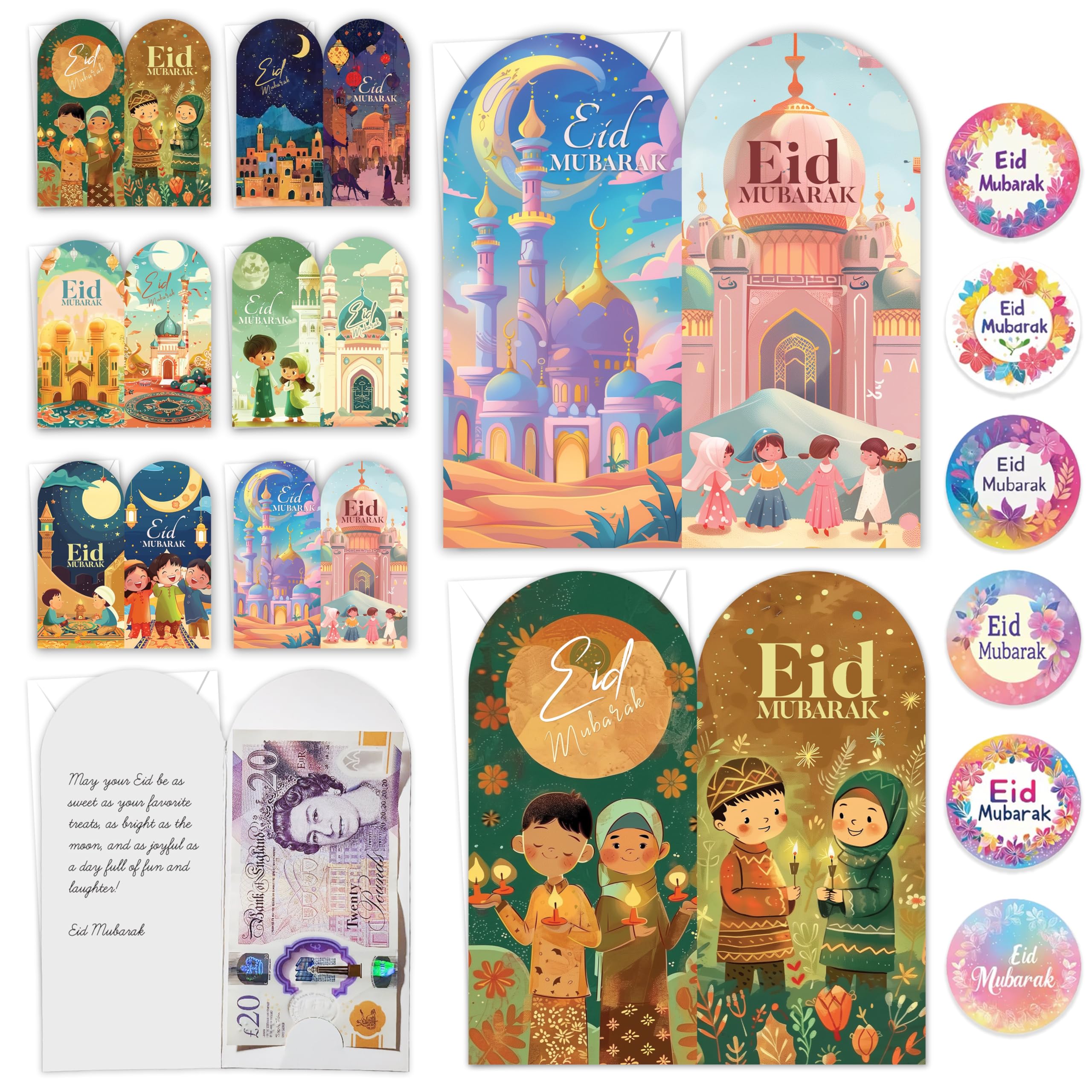 Giftinghouse Eid Money Envelopes 6/12/24 Pack with Stickers - Happy Eid Mubarak Money Envelopes Featuring 6 Unique Designs, Perfect Eid Money Wallets for Kids - Made in The UK