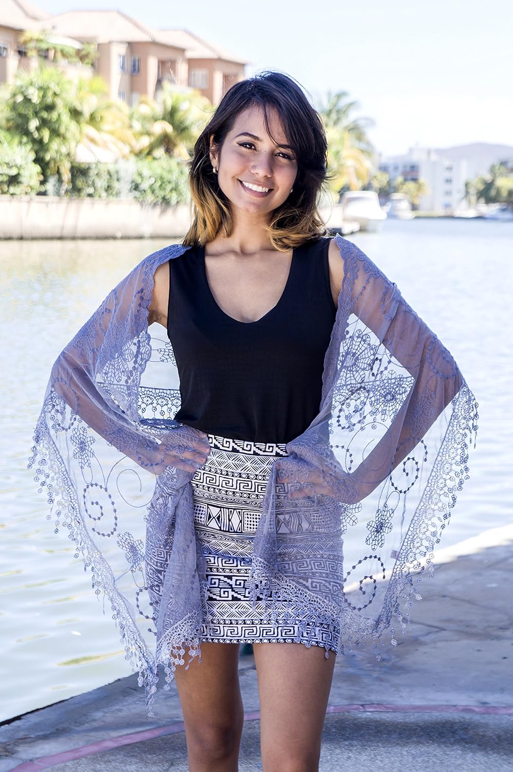 Cindy and Wendy Lightweight Soft Leaf Lace Fringes Scarf Bridal Veils shawl for Women - Image 2