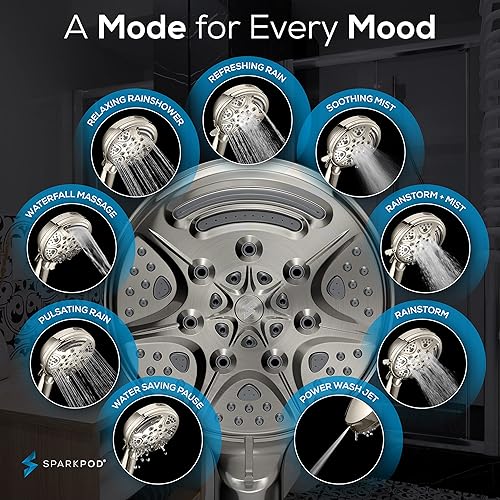Miniatura 3 de SparkPod Cabezal de ducha de mano de níquel cepillado de 5 pulgadas, 9 ajustes de pulverización con interruptor de encendidoapagado, modo de lluvia
