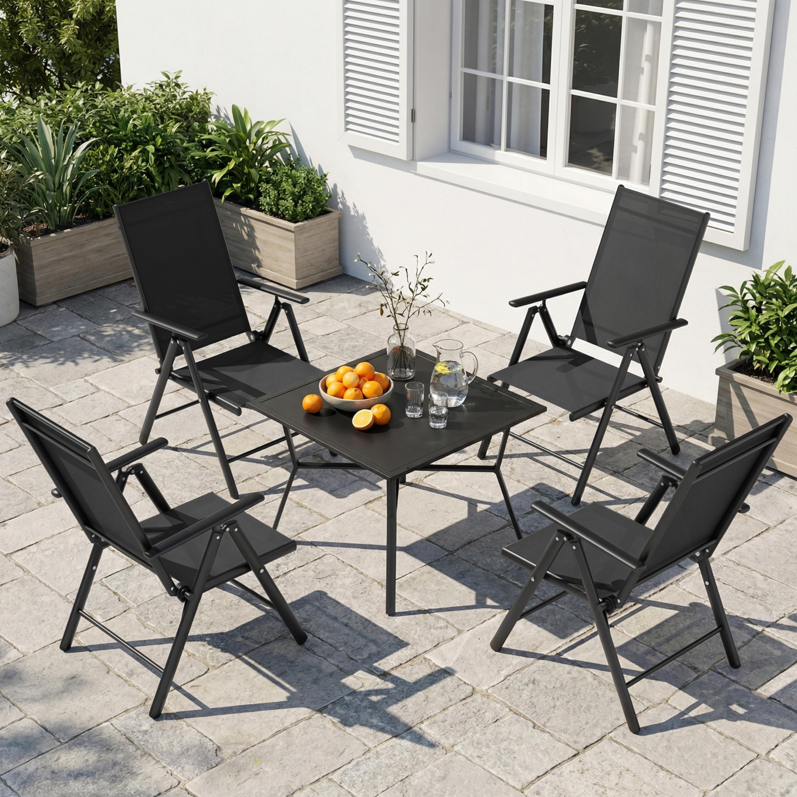 ALAULM Klappbare Gartenstühle 4er-Set, 7-stufig verstellbare Hochlehne & Armlehnen, wetterfestes Textilene, Terrasse Garten Balkon (Schwarz)