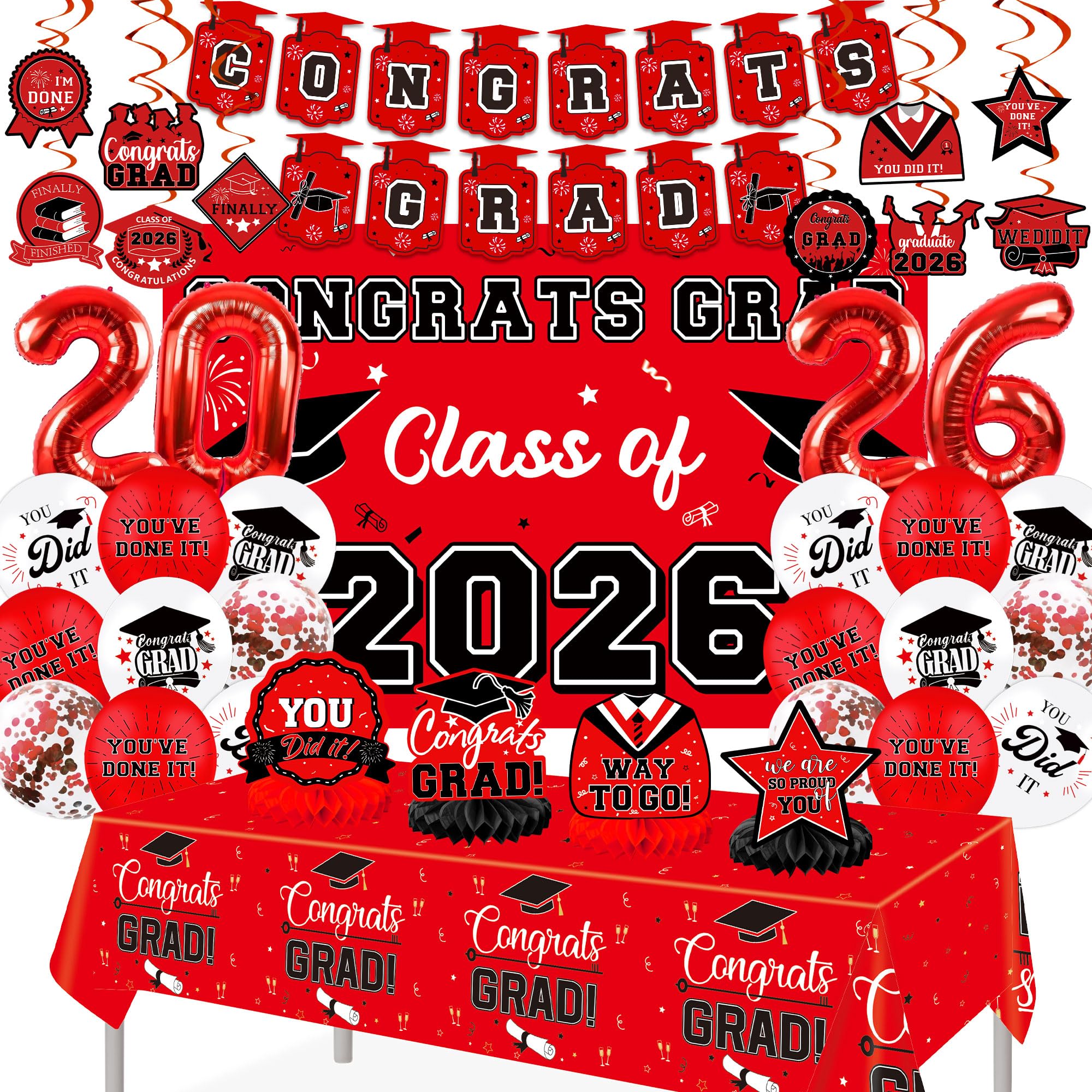 DMIGHT Graduation Decorations 2026, Class of 2026 Backdrop, Banner, 2026 Foil Balloons, Tablecloth, Hanging Swirls, Honeycomb Centerpieces, Party