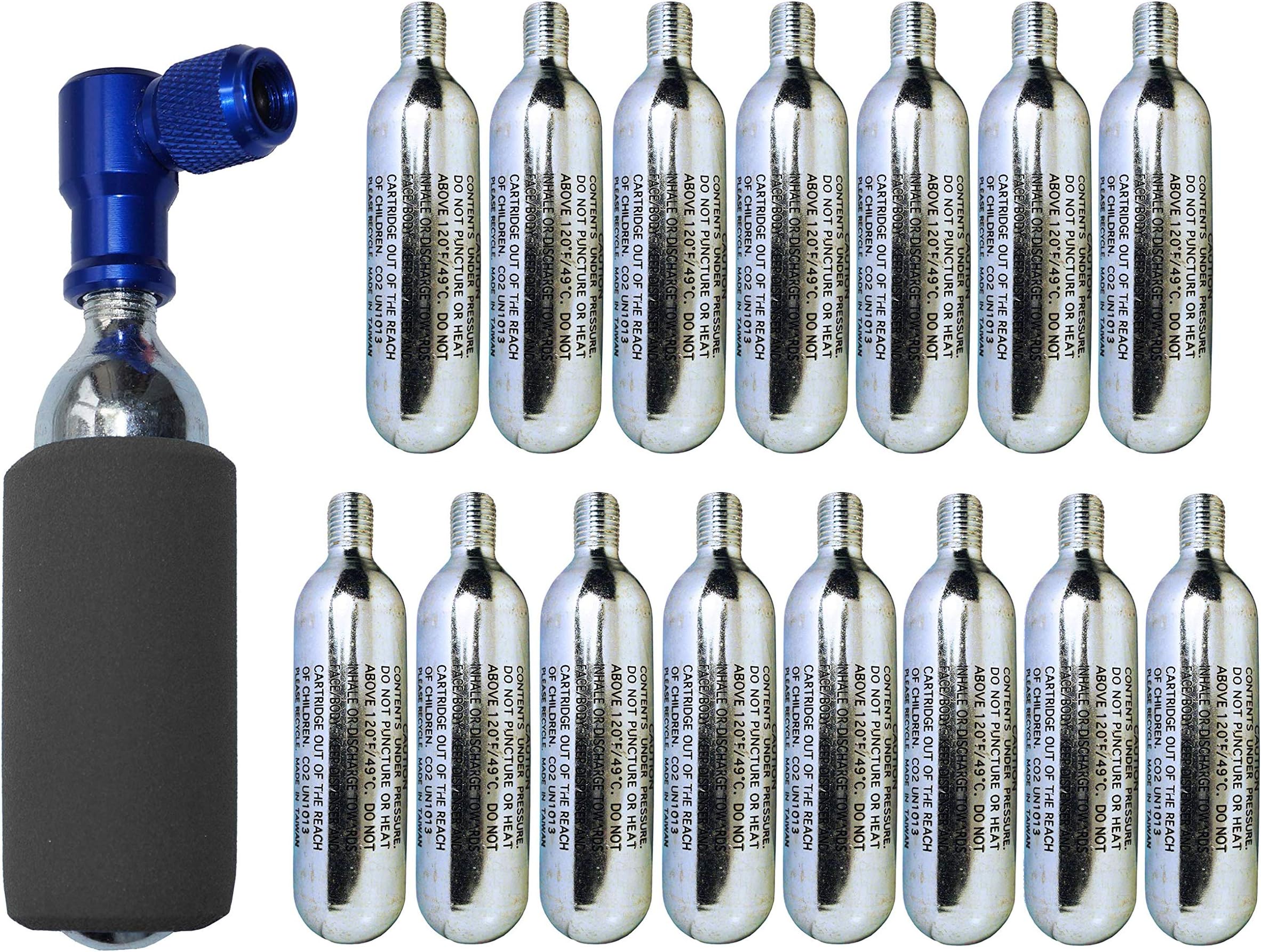 CO2 Inflator with 15 x CO2 Cartridges - IN & OUT - Presta & Schrader Valve Compatible - Car Bike Bicycle Motorcycle, Tyre Pump For Road & Mountain Bikes - Insulated Sleeve