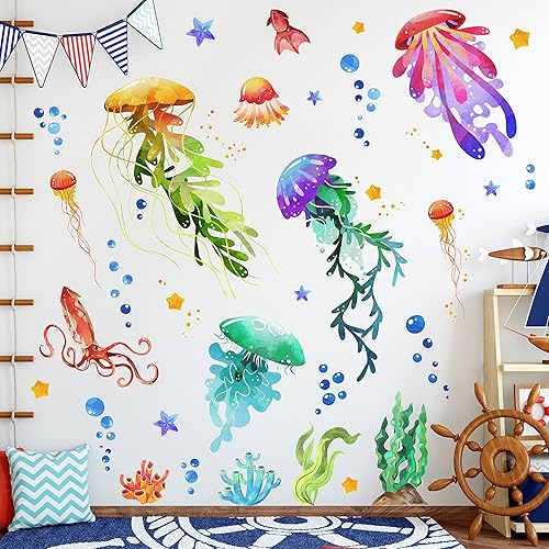 Miniatura 5 de Calcomanías de pared creativas 3D extraíbles bajo el mar, coloridas medusas y algas marinas, calcomanías de pared subacuáticas con vista al océano,