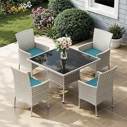 5-Piece Patio Dining Set, Patio Furniture Set with Square Tempered