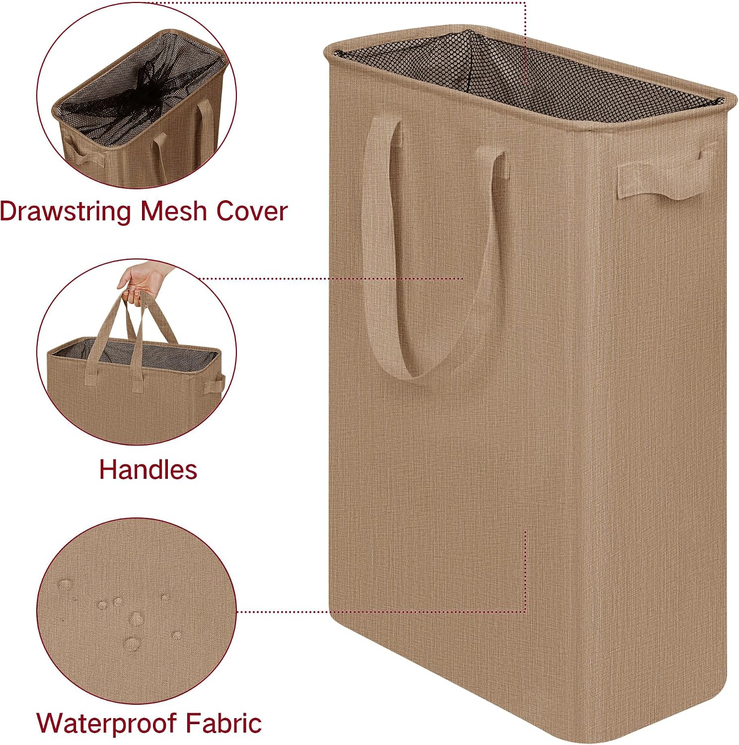 efluky Slim Laundry Basket, Narrow Laundry Hamper with Handles, Collapsible Dirty Clothes Hamper, Tall Laundry Bin for Laundry Room, Dorm and Bedroom, 19.8 Gallon (75L) Flax Brown image 3