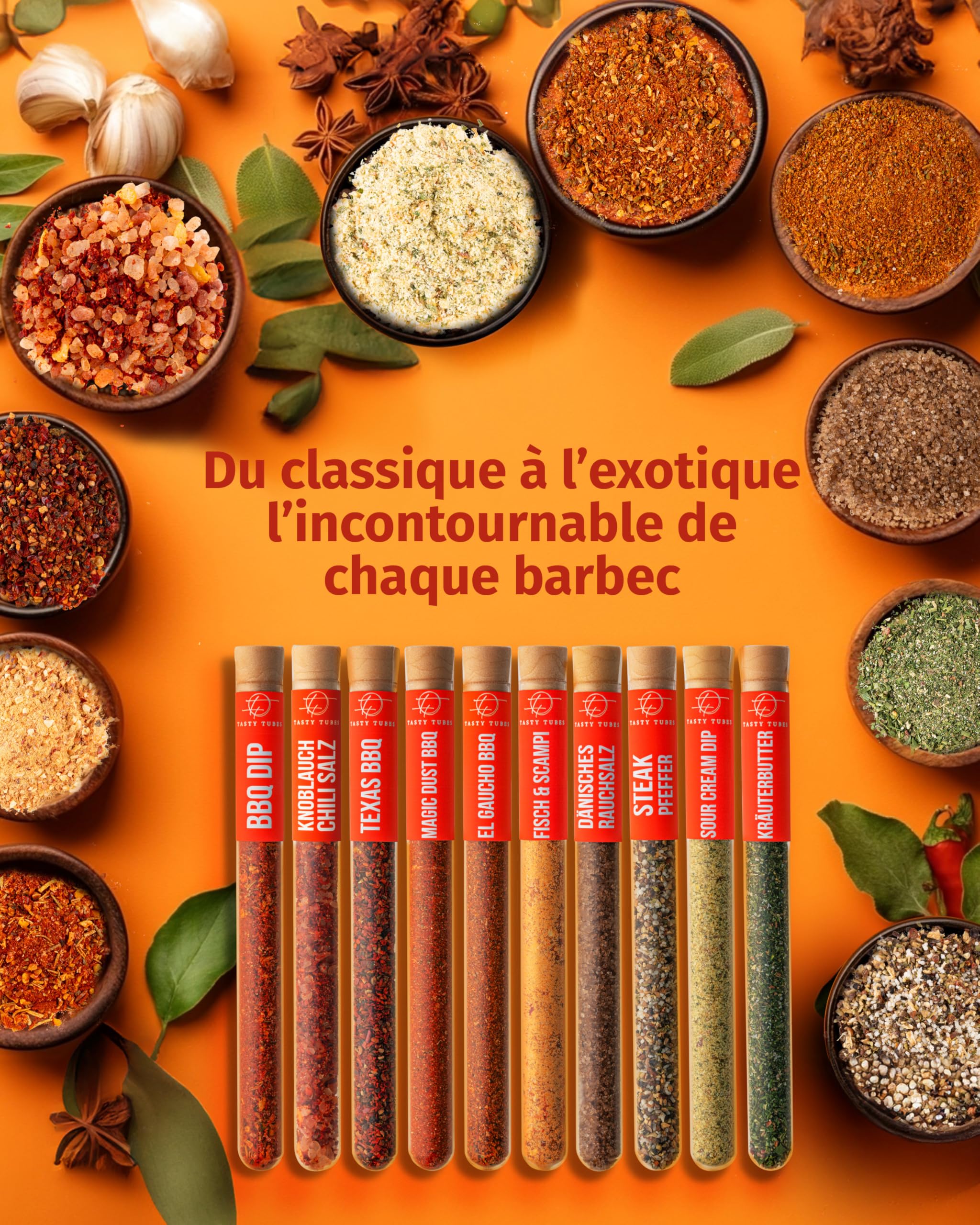Tasty Tubes – Bold BBQ Box – Coffret d’épices – Cadeau original pour hommes & femmes – 10 mélanges BBQ, dips & beurres aux herbes – Coffret cadeau pour passionnés de grillades - 3
