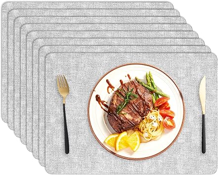 Faux Leather Placemats Set of 8, Heat Resistant Non-Slip Place mats for Dining Table, Washable and Wipeable, Anti-Slip Place Mats for Indoors & Outdoors, 17 x 12.2 Inch, Gray