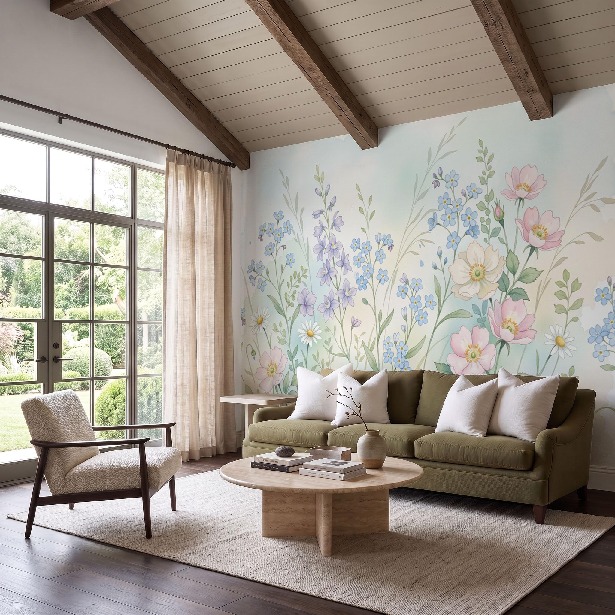 Carta Da Parati Fotografica Rosa Selvatica Fiore A Stella Blu, 350x256cm Fotomurali in Seta Fresco Ad Acquerello Decorazione da Muro Poster Gigante per Camera Da Letto e Sfondo TV Decorazione