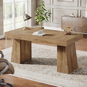Tribesigns 55 Inches Executive Desk, Mid-Century Modern Home Office Desk, Wood MDF Computer Table Business Workstation Small Conference Table, Light Brown