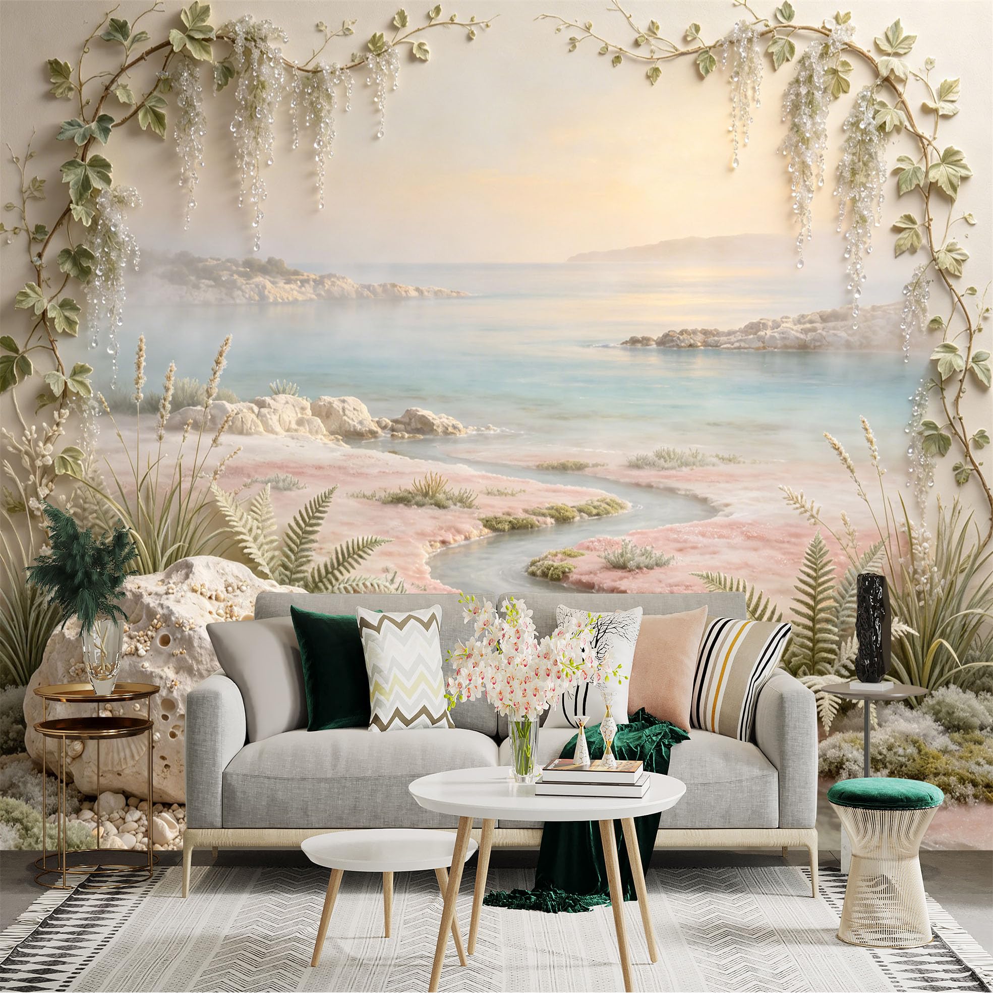 Custom Size Wall Sticker Mural， Coastal Scenery with Seashells， Pink Sand Beach and Ocean View， for wall Decoration， peelandstick wall Decals.