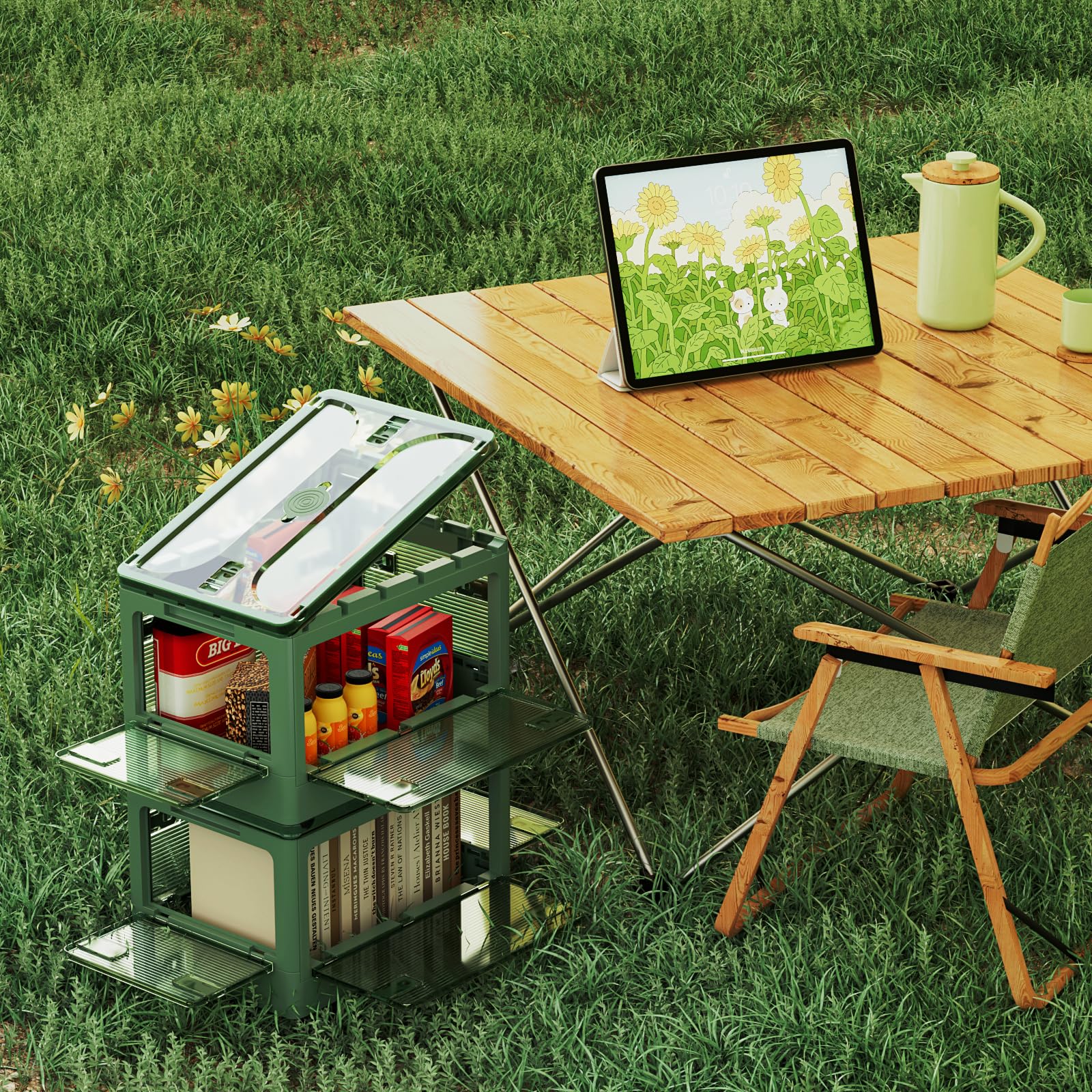 ocharzy Stackable Storage Bins, Closet Organizers and Storage, 10Gal Collapsible Storage Bins with Lids and Doors, 4 Pack Plastic Storage Bins with Wheels, Folding Storage Boxes for Dorm Room,Green