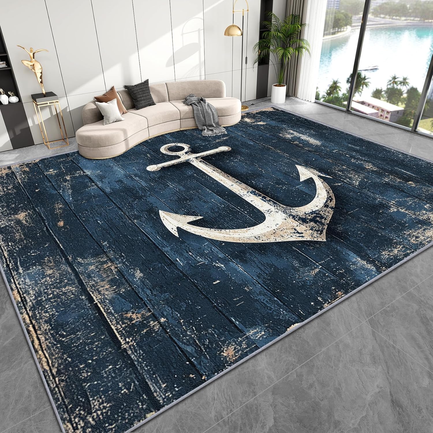 Anchor Rug for Nursery - 2x3 Rug, Nautical Door Mat Indoor Entrance, Rustic Wooden Print Entryway Throw Rugs, Navy Blue Carpet, Anchor Home Decor & Gifts
