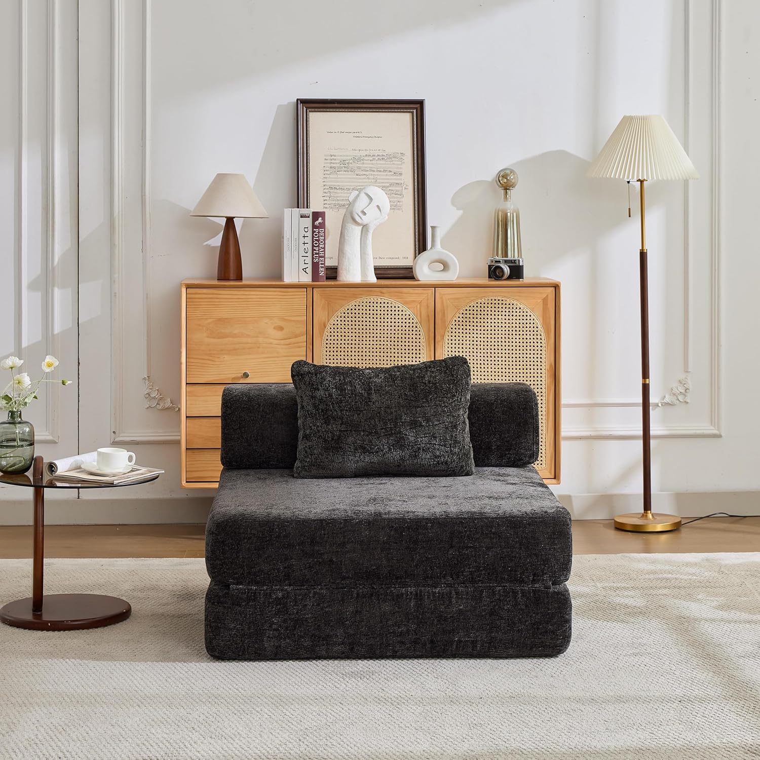 Folding Sofa Bed, Convertible Sleeper Chair Couch Bed Chenille for Adults, Comfortable Floor Sofa with Backrest Support for Living Room Bedroom, Black Single Model Sofa (Single - Black)