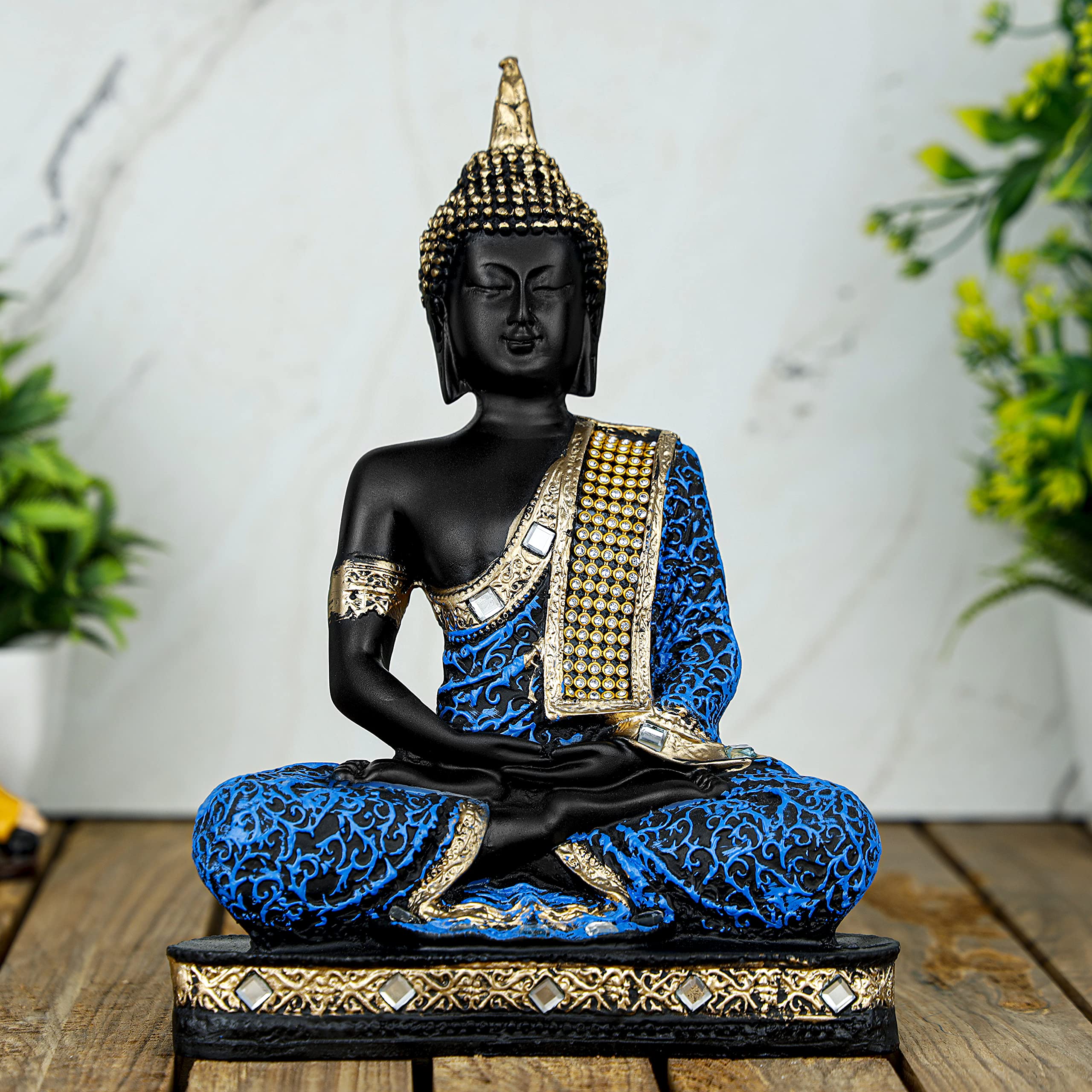 Global Grabbers Polyresin Sitting Buddha Idol Statue Showpiece For Home Decor Decoration Gift Gifting Items-Blu_Blk-Bs2-(00)(Blue Black, Pack Of 1)