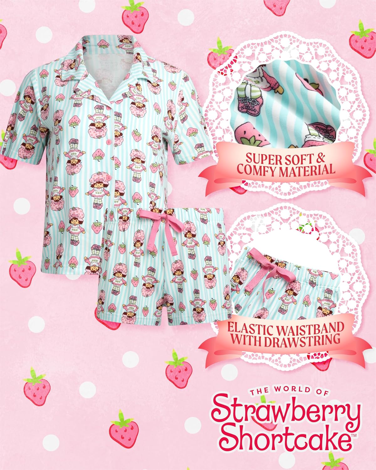 COCO BRANDS Strawberry Shortcake Womens Pajama Set - 2 Piece Short Sleeve Button Down Sleep Shirt and Pajama Shorts