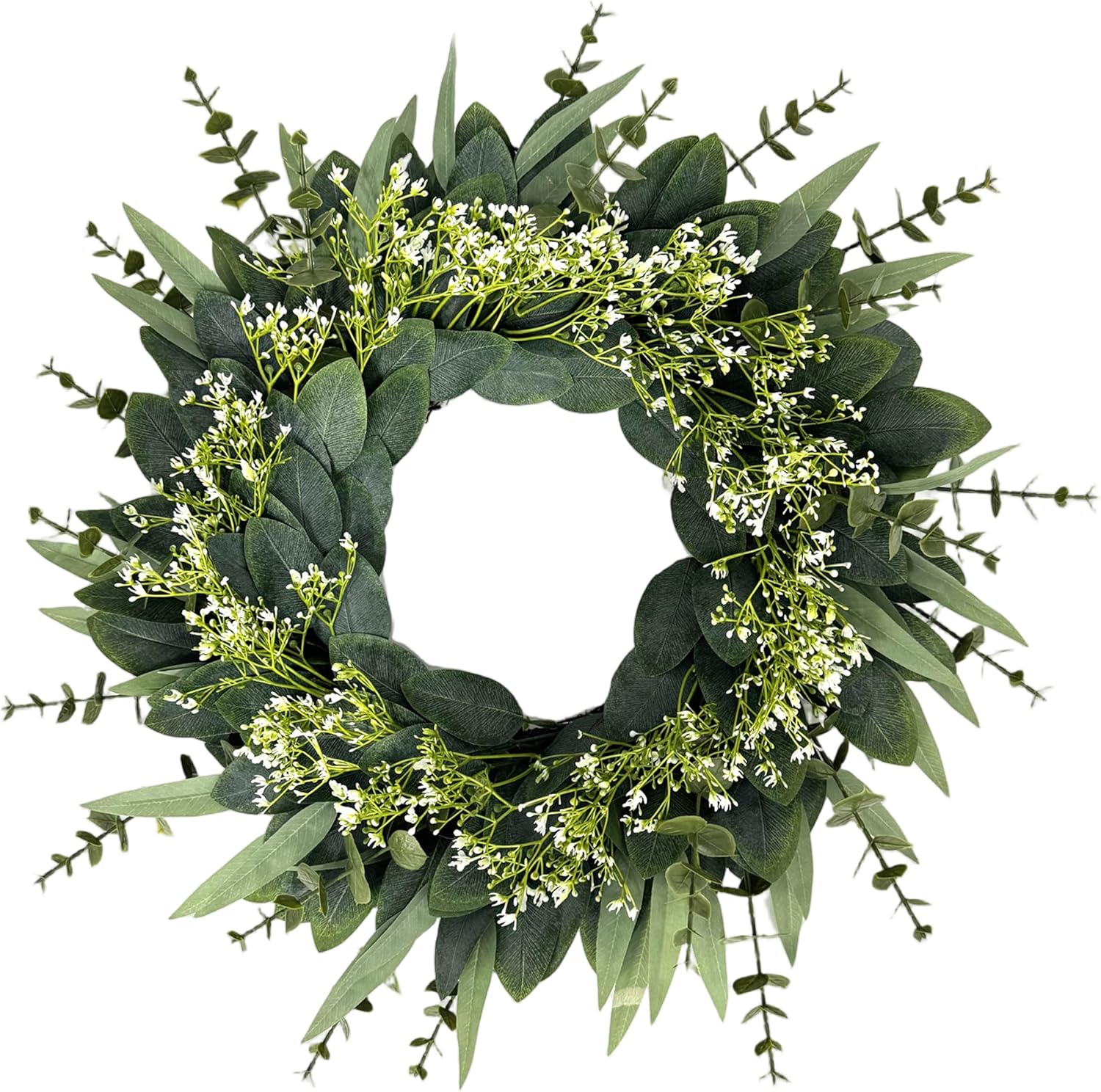 Spring Wreath for Front Door, 19.69inch Eucalyptus with White Flowers, Green & White Silk & Plastic for Indoor Outdoor Decor..