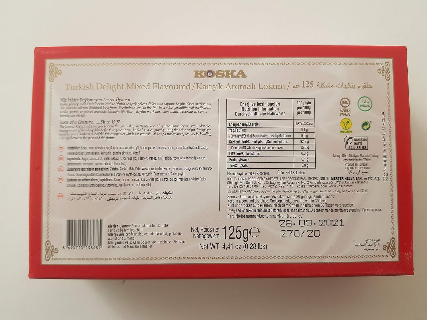Turkish Delight with Mix Flavors by Koska | Rose, Lemon, Orange, Mint | 4.4 oz Giftable Small Size Snacks | Vegan Halal Kosher Candy Dessert Lokum