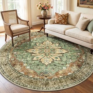 RELEANY Washable Area Rug, Round 6ft, Brick/Brown/Green