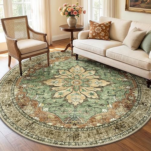 RELEANY Area Rugs Round 6ft Washable Non-Slip, Floral Vintage Distress Print Pattern Medallion Carpet for Living Room Bedroom Dining Room, Brick Red Rust Neutral Brown Burnt Orange Green