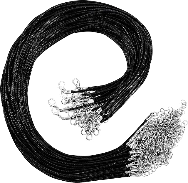Kurtzy 50 Pack Black Polyester Necklace Cord with Chain and Lobster Clasp - 48.5cm / 19.09 Inches - Bulk DIY Jewellery Making Rope for String Pendant Necklaces, Bracelets & Anklets