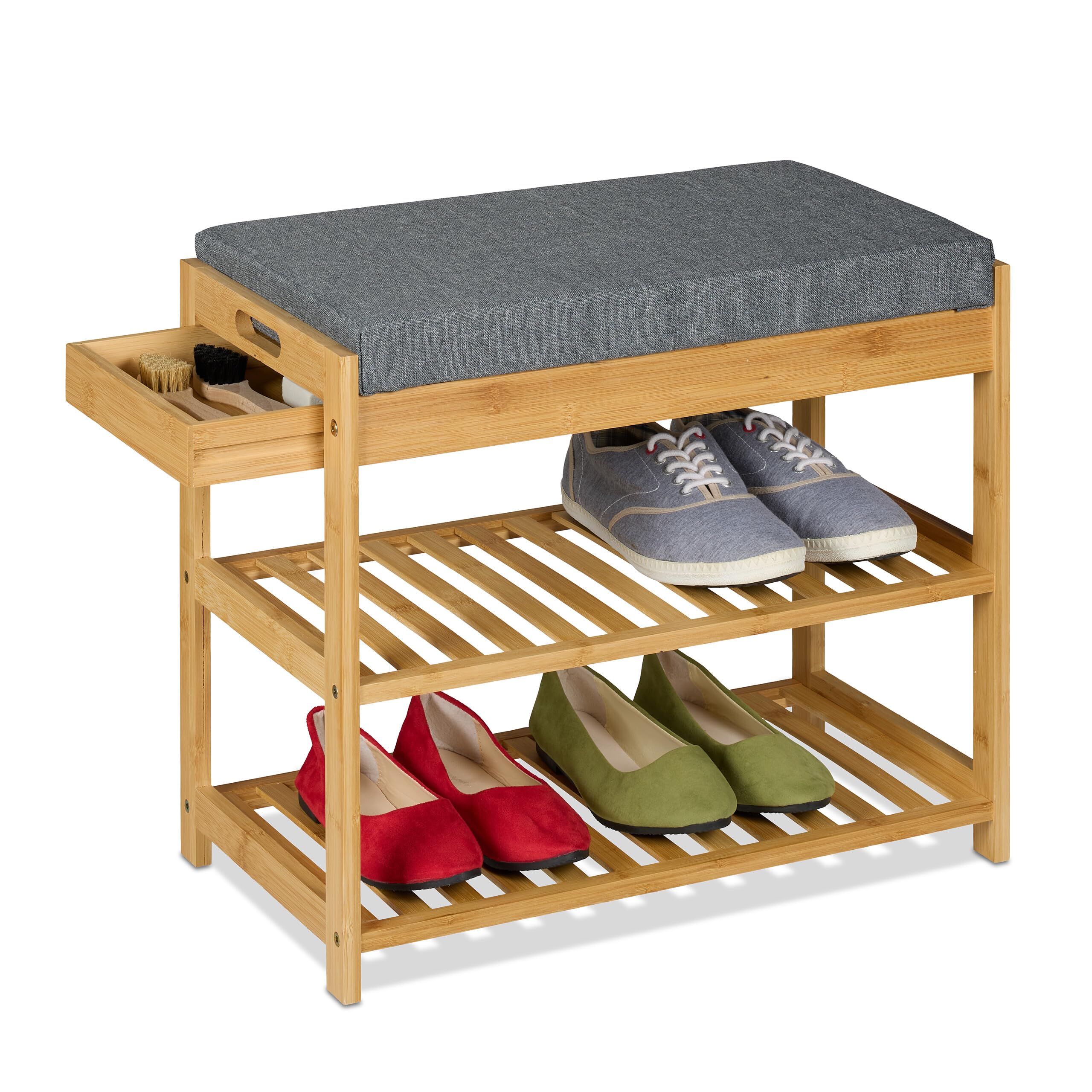 Relaxdays Panca Scarpiera per Ingresso, 2 Ripiani Portascarpe, Cuscino e Cassetto, 49x55x30cm, bambù, Naturale Grigio