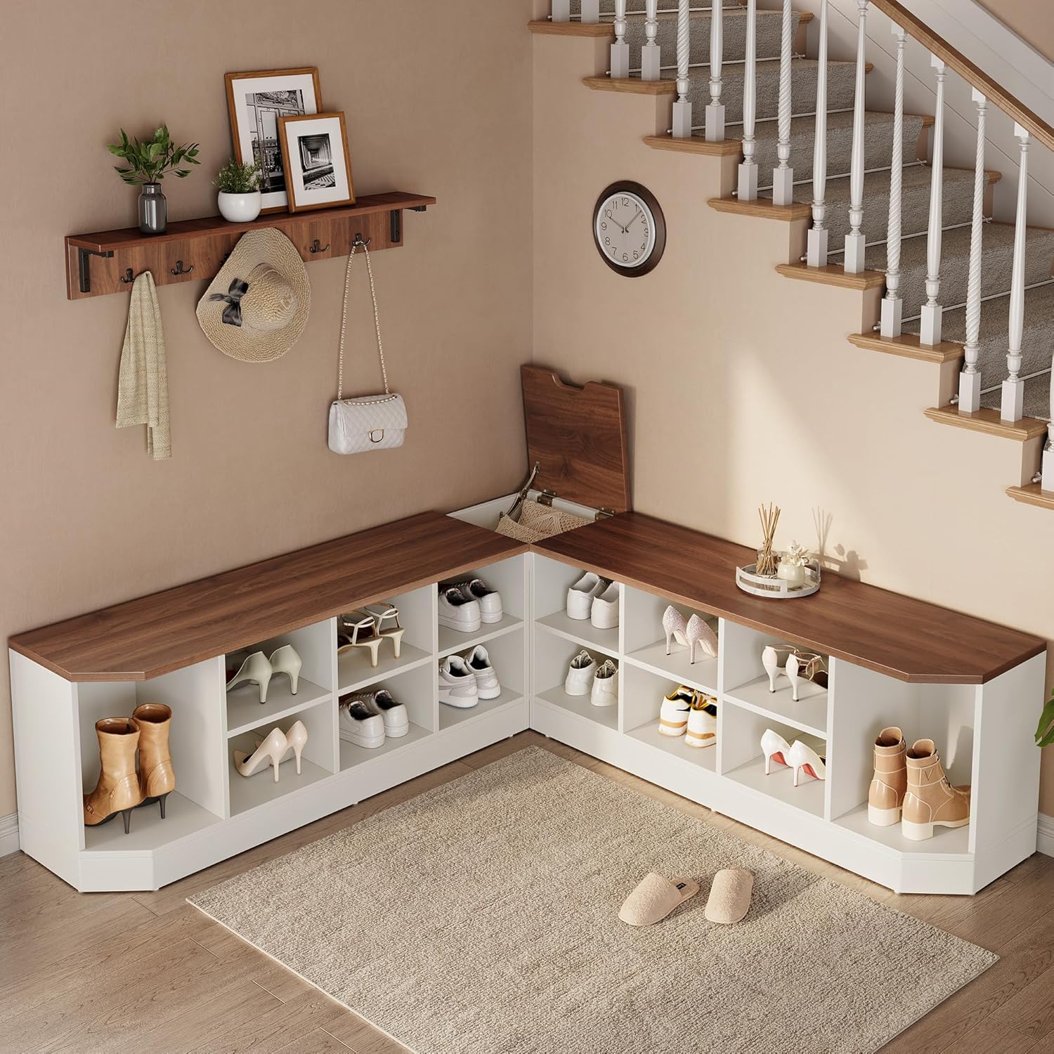 DWVO 61" L-Shaped Shoe Rack with Bench and Hooks, Corner Shoe Cabinet with Hidden Storage, Coat Rack & Seating for Entryway, Hallway, Bedroom, 61" D x 61" W x 18" H, White & Walnut