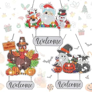 DoubleFill 3 Pcs Christmas Seasonal Diamond Art Welcome Sign Christmas Santa Snowman Diamond Art Kits for Adults Seasonal Xmas Hanging Ornaments for DIY Holiday Wall Door Window Decorations