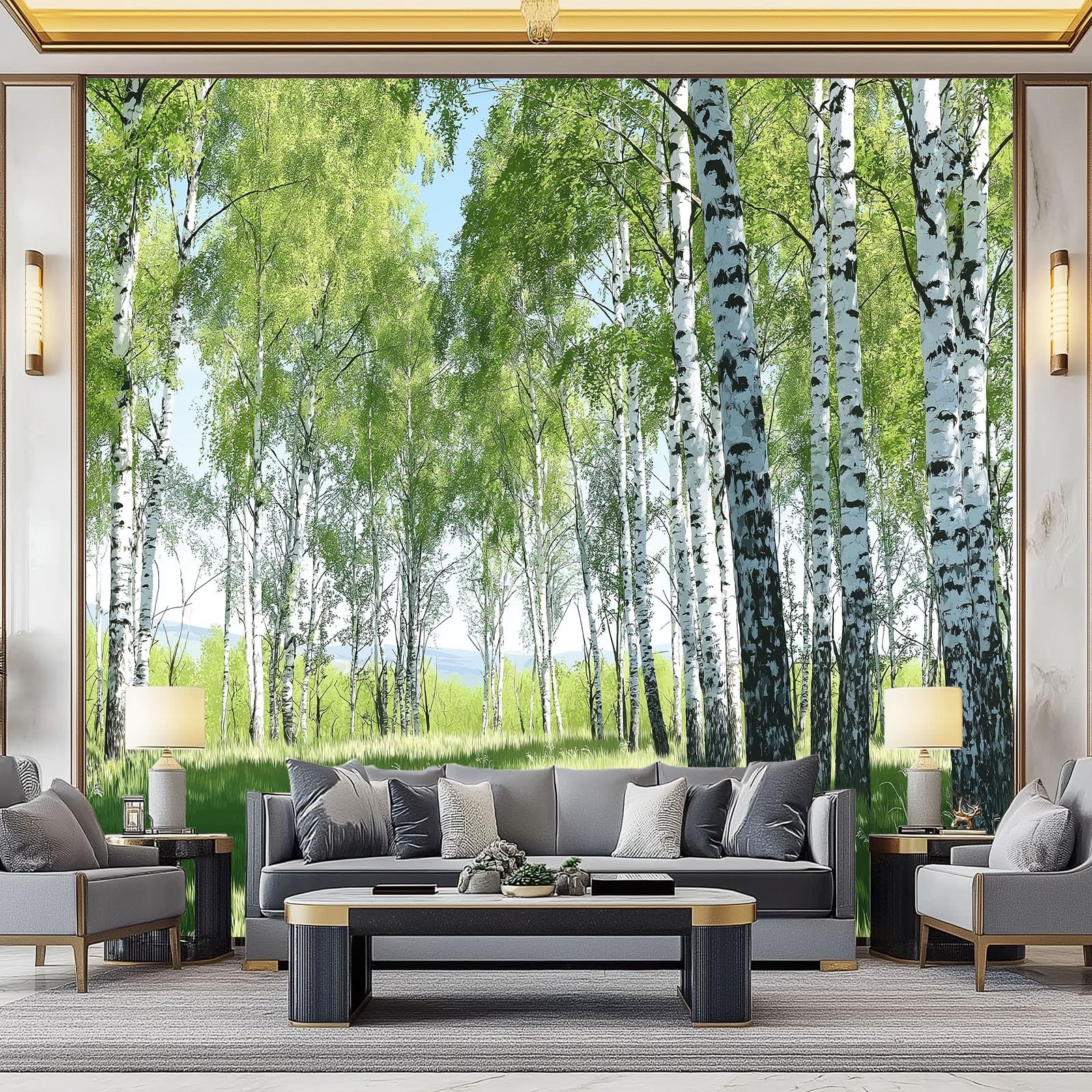 Fototapety Fotografia Wiosenny Las Brzozowy 350 x 256 cm Włóknina Tapeta, Zielona Fototapeta, Do Salonu Sypialni Biura Dekoracja Ścienna Mural