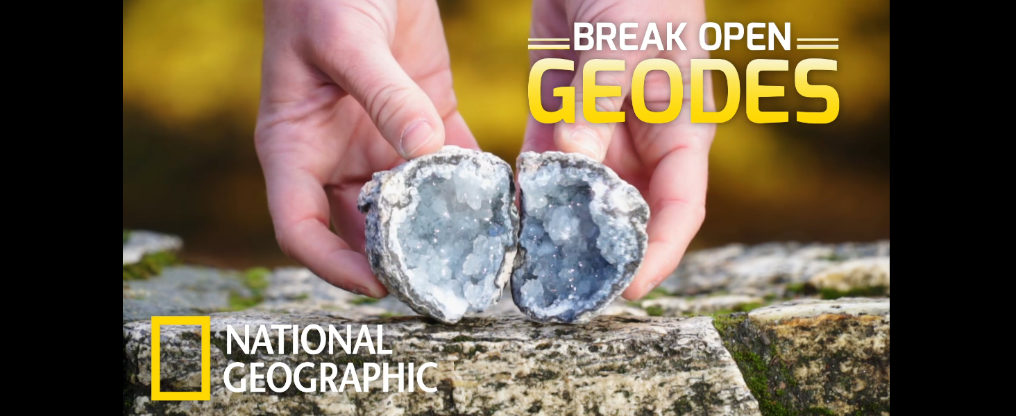 National Geographic 10 Geodas Premium Para Romper – Kit De Ciencia Con Gafas, Soportes Y Guía Educativa, Regalo De Geología Para Niños